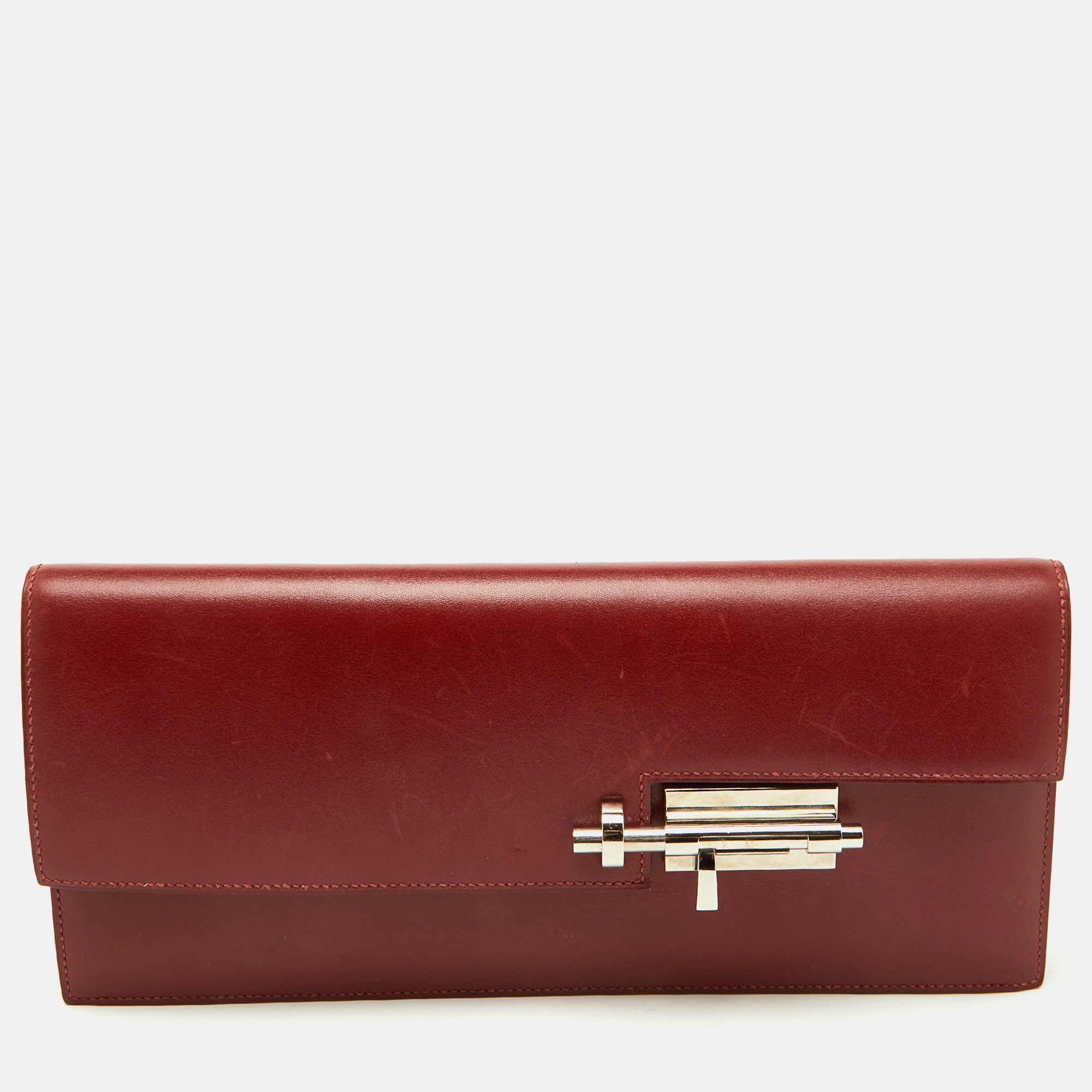

Hermes Sienne Box Calf Leather Palladium Finish Verrou Clutch, Brown