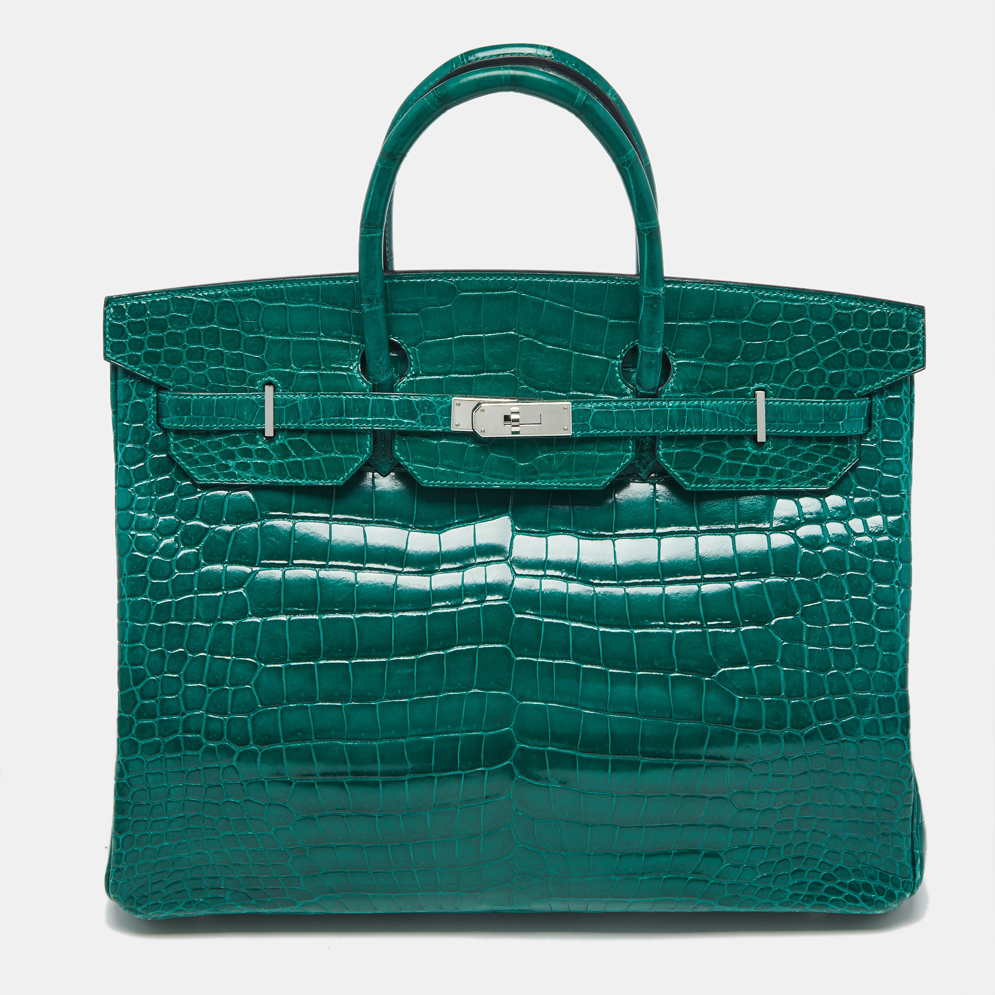 Pre-owned Hermes Vert Emeraude Shiny Crocodile Porosus Palladium Finish Birkin 40 Bag In Green