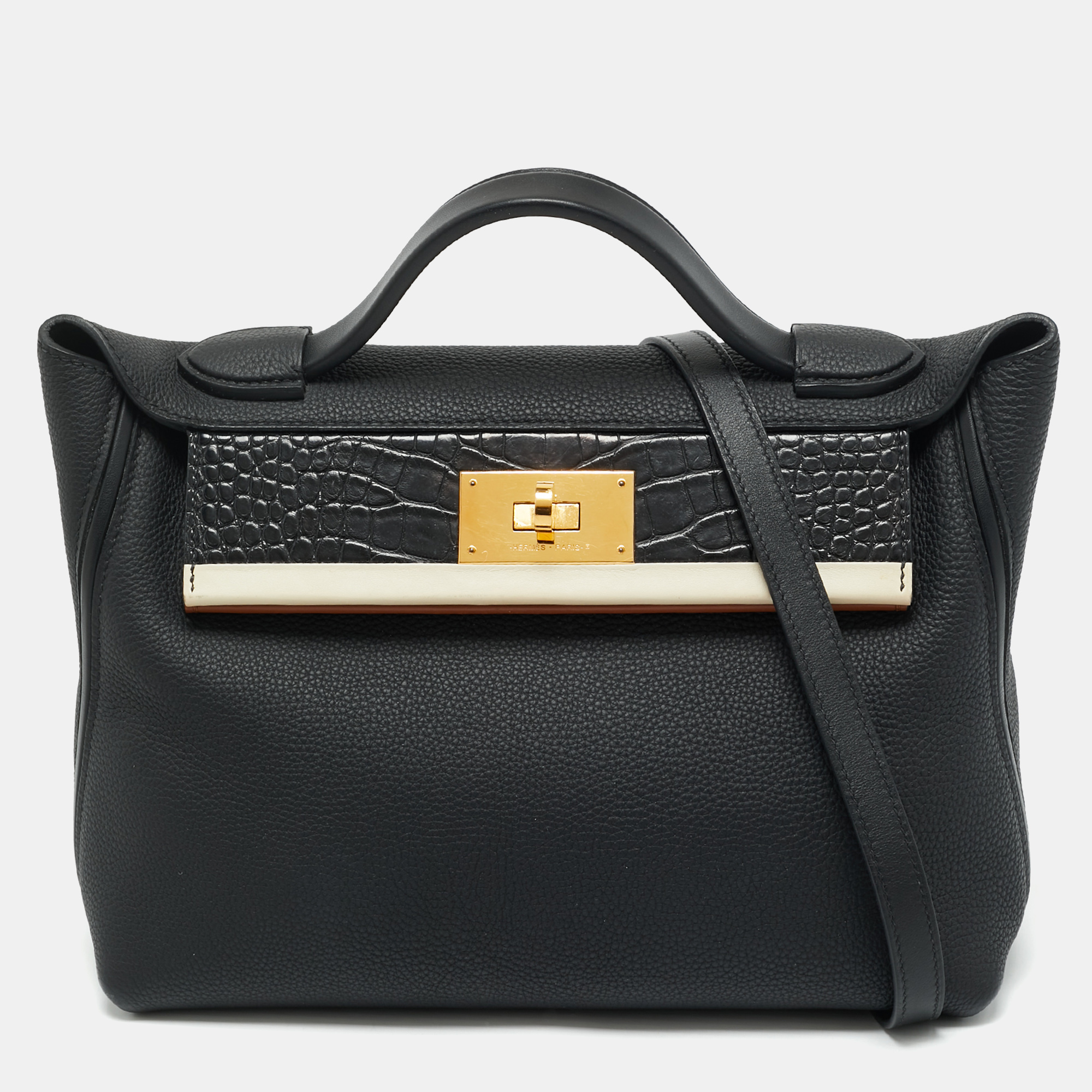 

Hermes Noir Matte Alligator and Togo Leather Gold Finish 24/24 29 Bag, Black