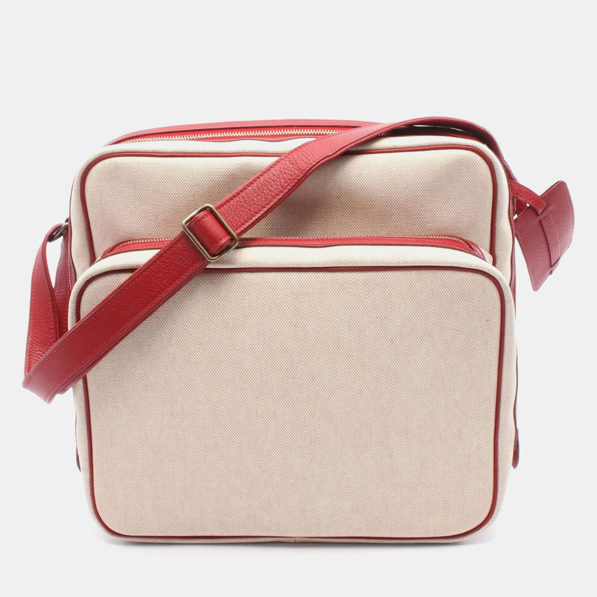 

Hermes Victoria Beige Red Toile H Clemence Leather Shoulder Bag