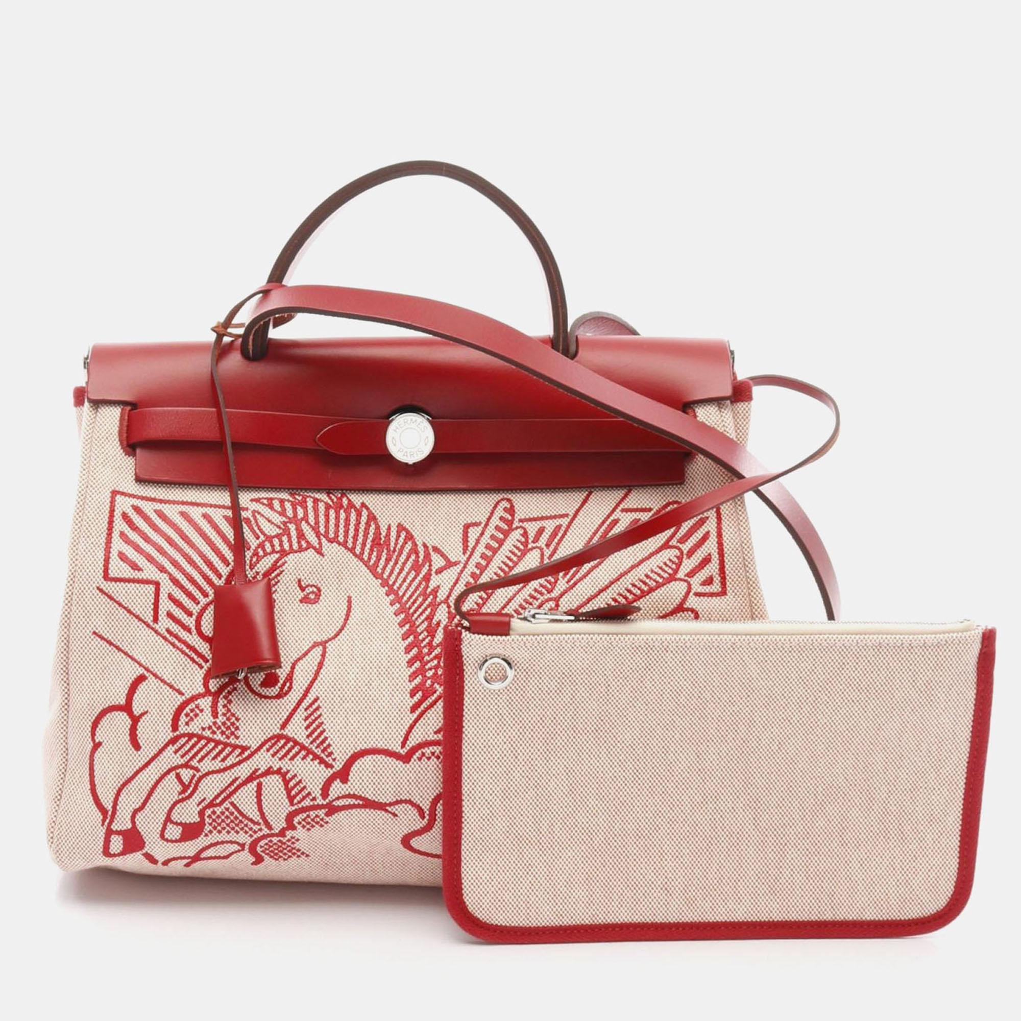 

Hermes Herbag Zip 31 Beige, Red Vache Hunter Leather and Toile H Shoulder Bag