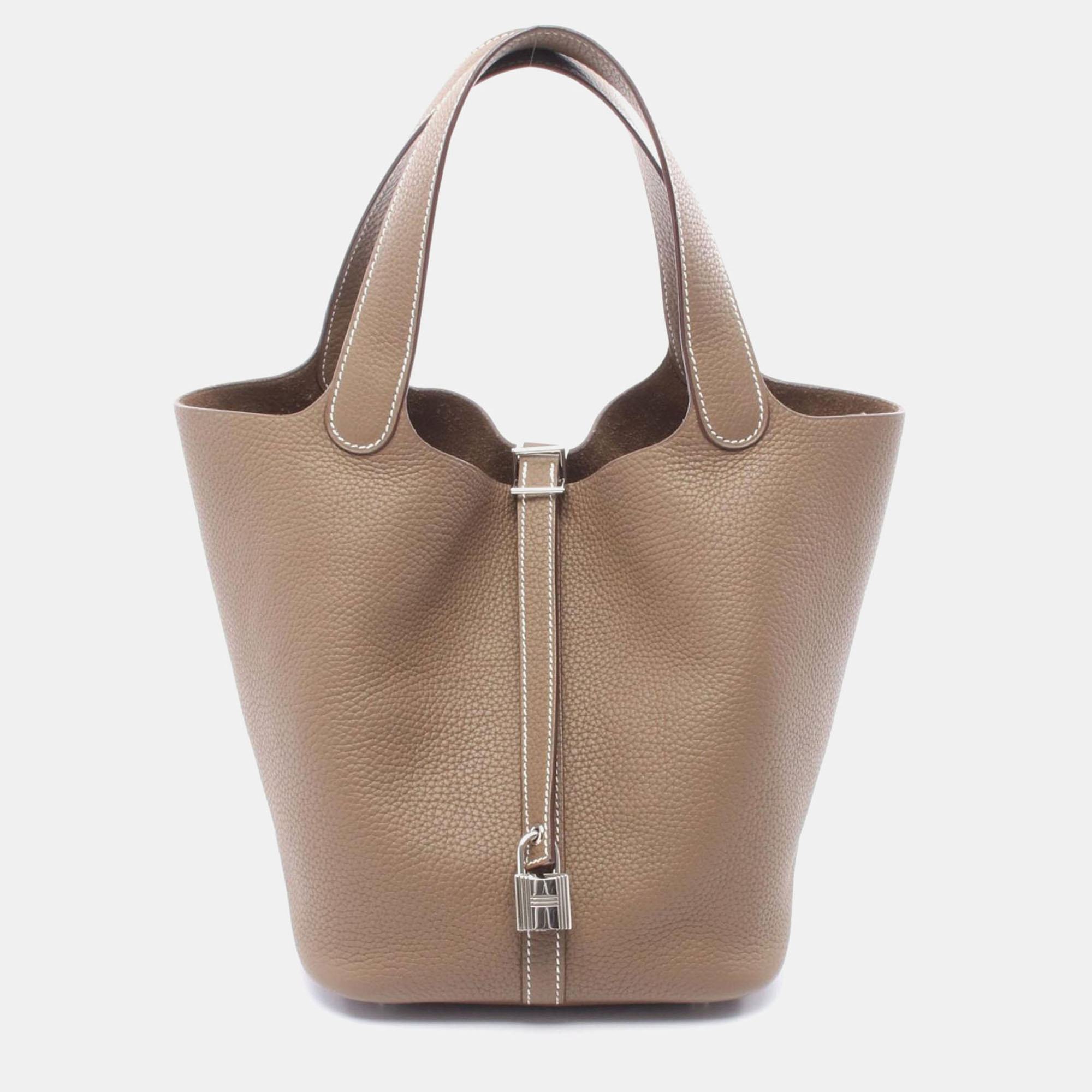 

Hermes Picotin Lock 22 Handbag Clemence Leather Etoupe Grey Z Shw
