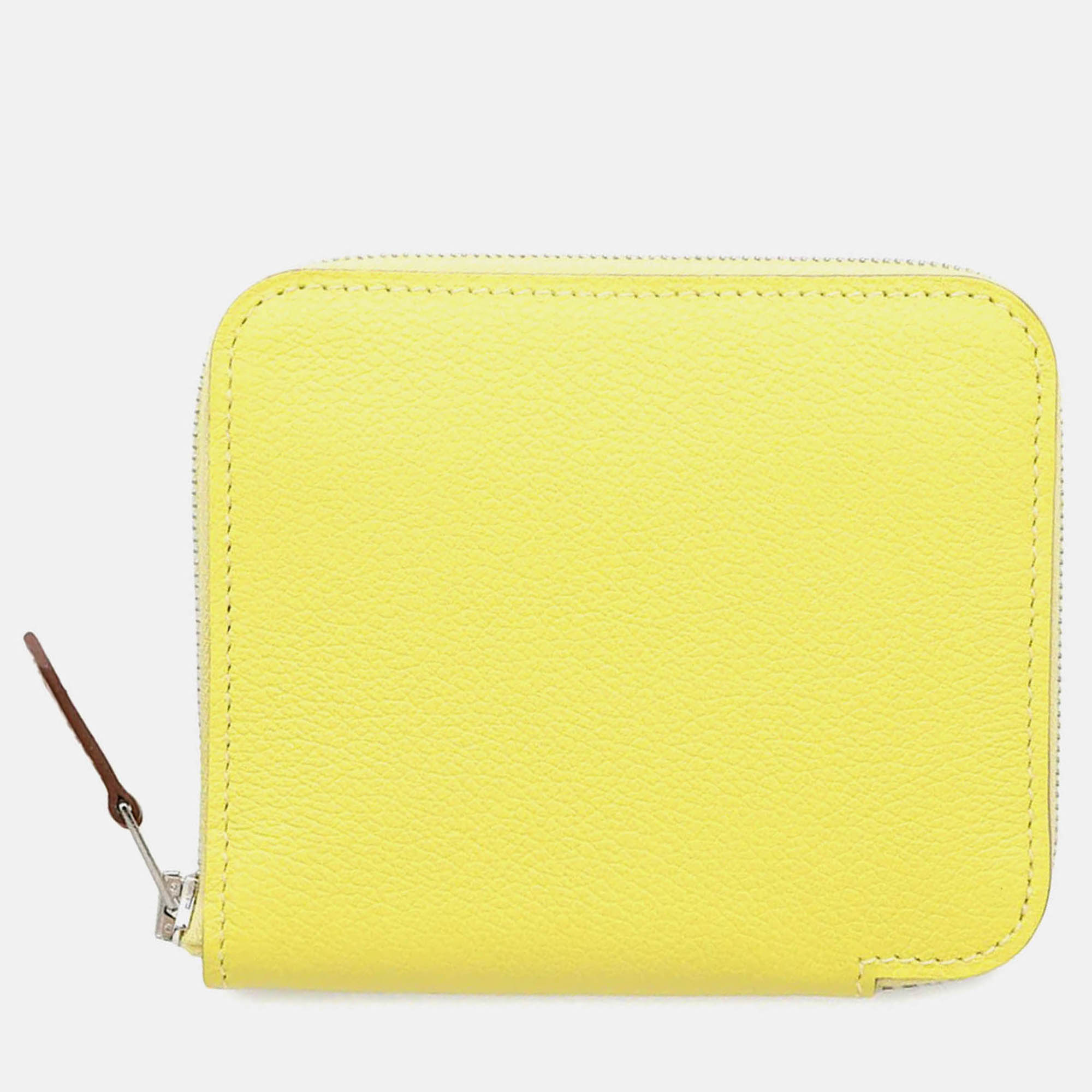 Pre-owned Hermes Azap Compact Silk In Lime Evercolor In Yellow