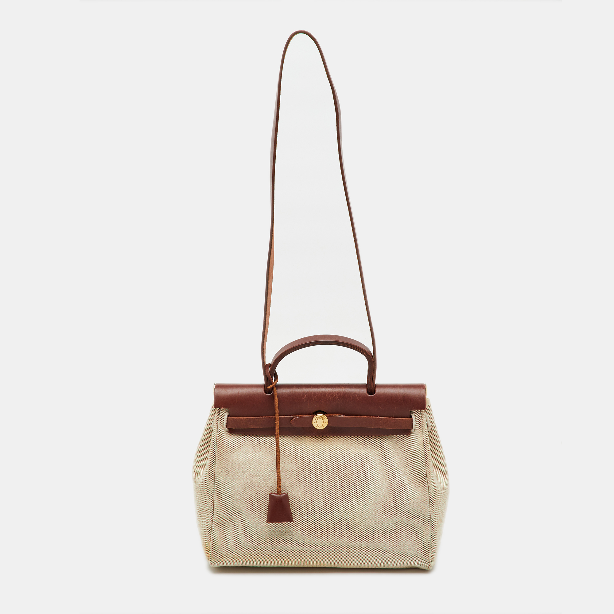 Pre-owned Hermes Rouge H/natural Toile And Vache Hunter 2in1 Herbag Zip 31 Bag In Red