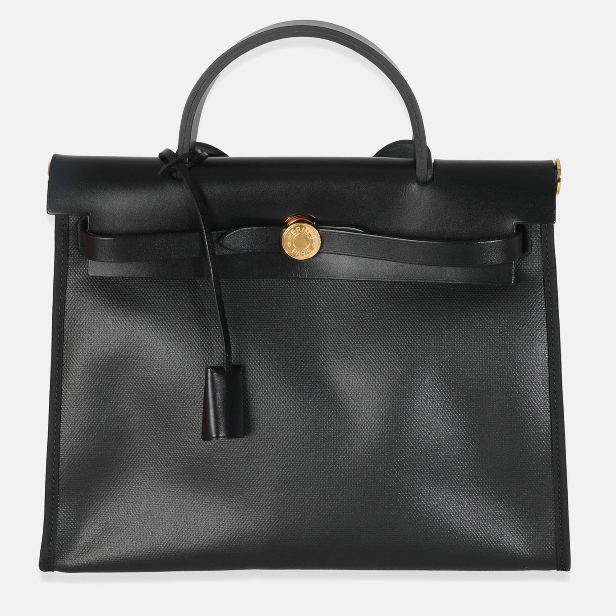 

Hermes Black Ecru Toile H Berline Vache Hunter Herbag Zip PM 31 GHW