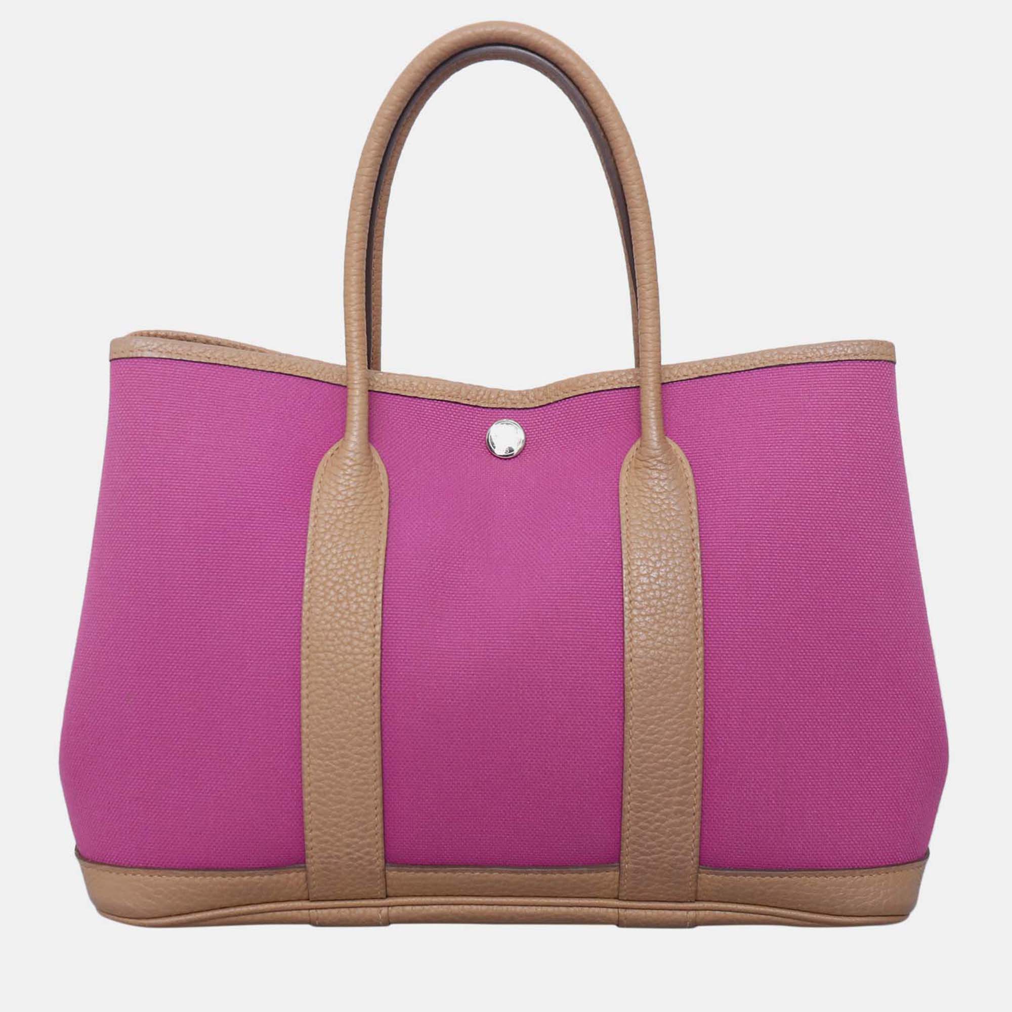 

Hermes Garden Party 30 Rose Pourpre/Biscuit Canvas Leather Tote, Brown