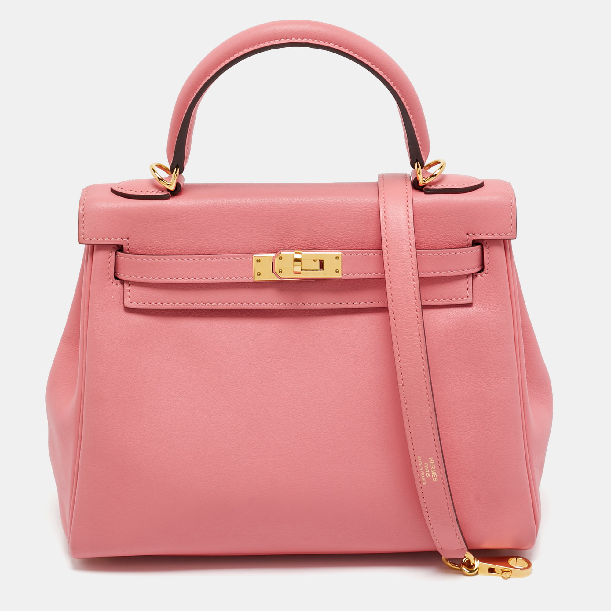 

Hermes Rose Azalee Swift Leather Gold Finish Kelly Retourne 25 Bag, Pink