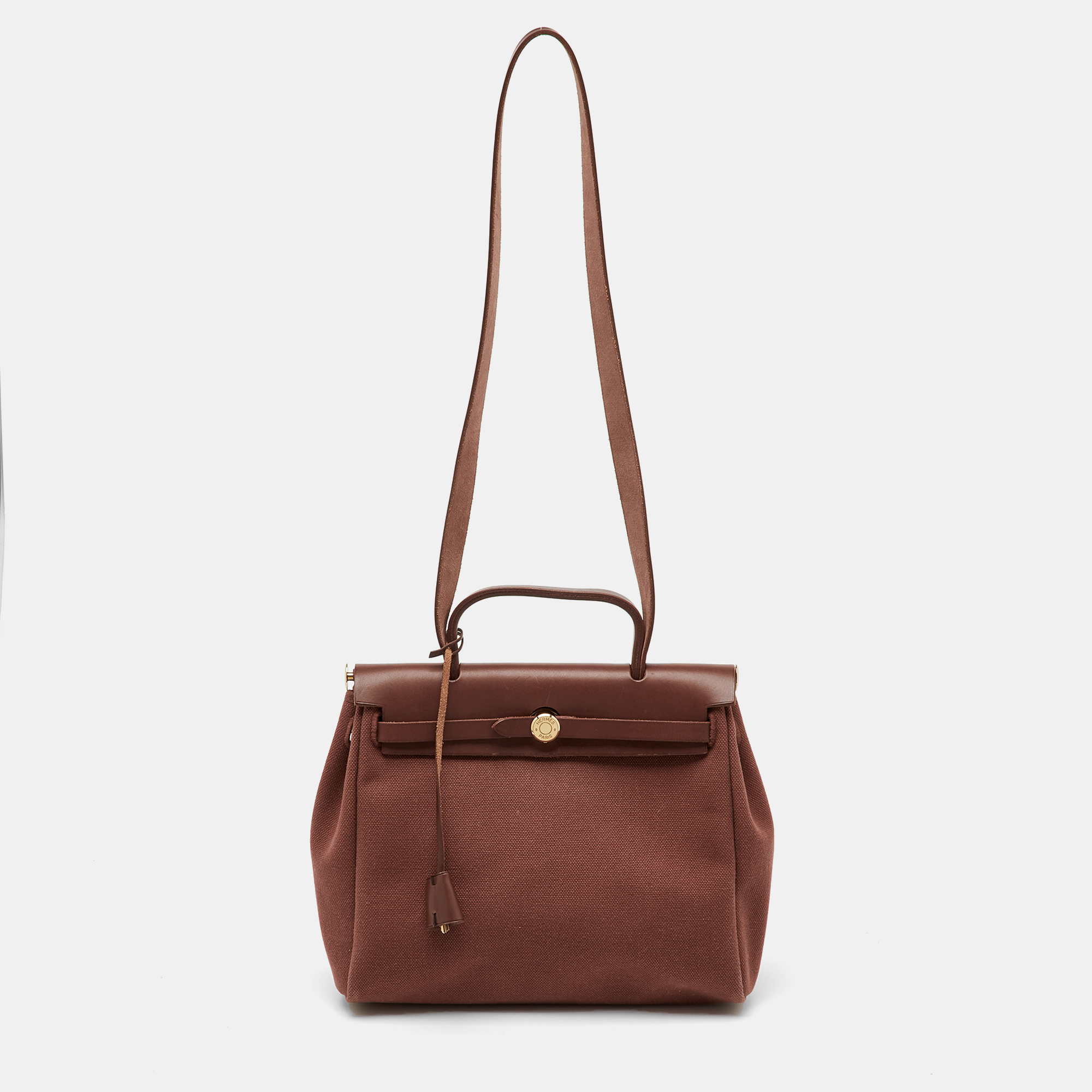 

Hermès Rouge H Toile Canvas and Vache Hunter Leather Herbag 31 Bag, Brown