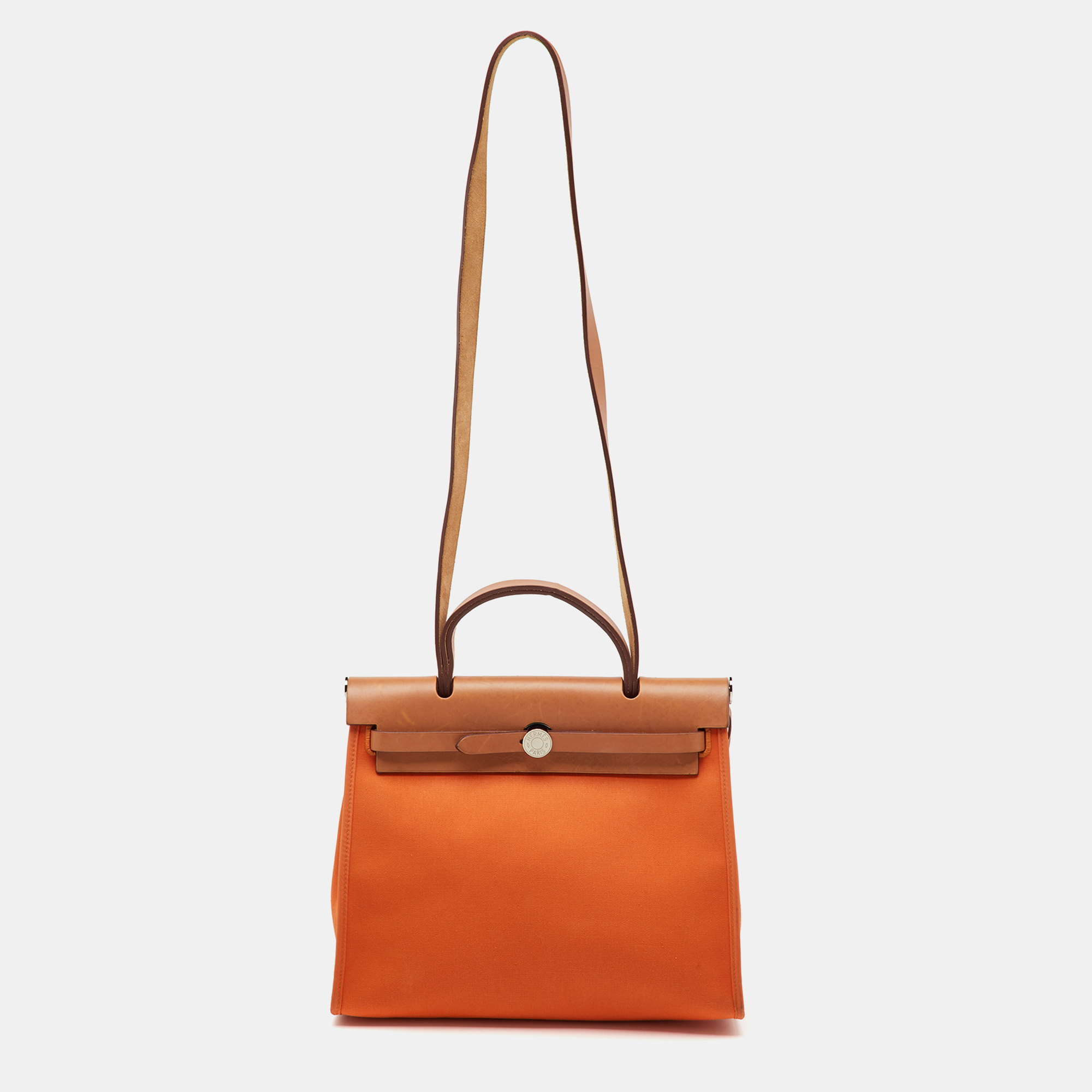 Pre-owned Hermes Hermès Orange/natural Canvas And Vache Hunter Leather Herbag Zip 31 Bag