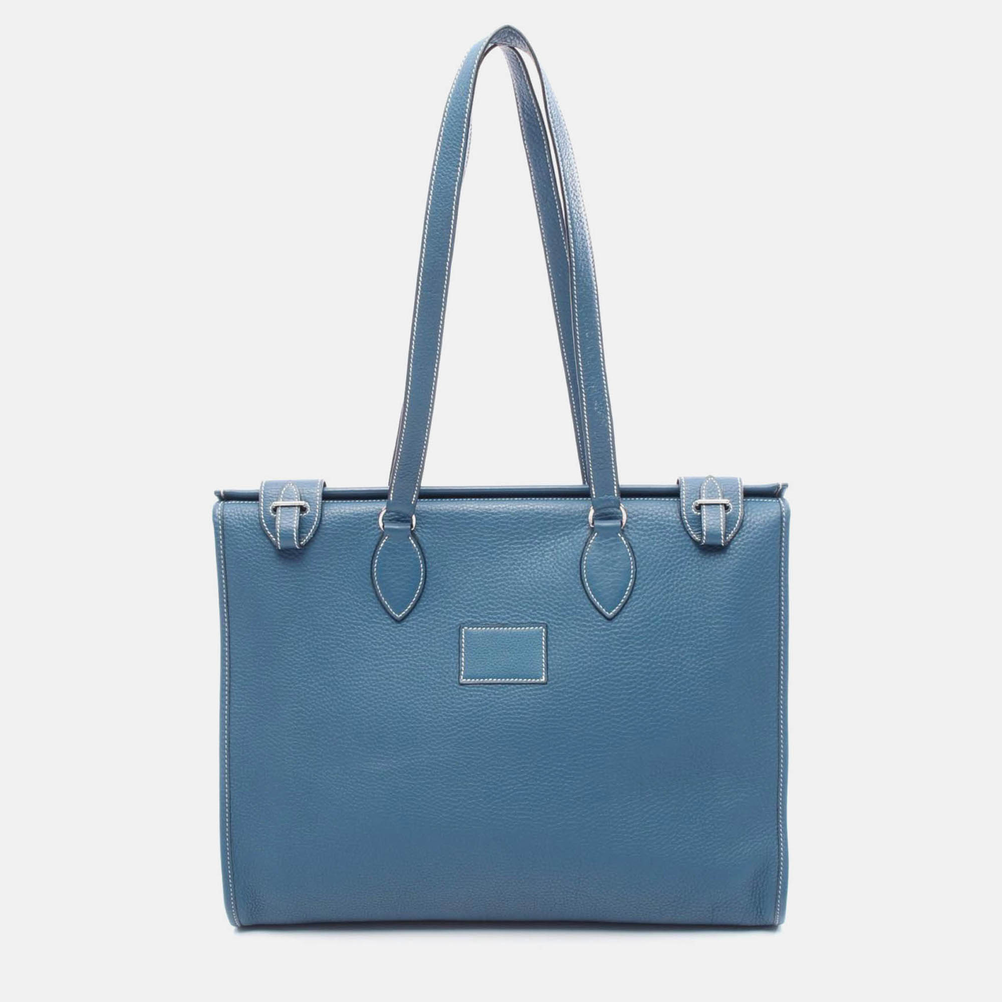 

Hermes Cabas Blue Clemence Leather GM Shoulder Tote Bag