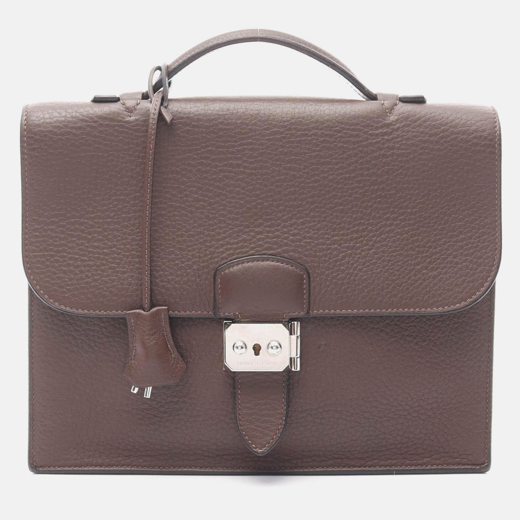 Pre-owned Hermes Sac A Depeche 27 Brown Havane Fjord Leather Business Bag