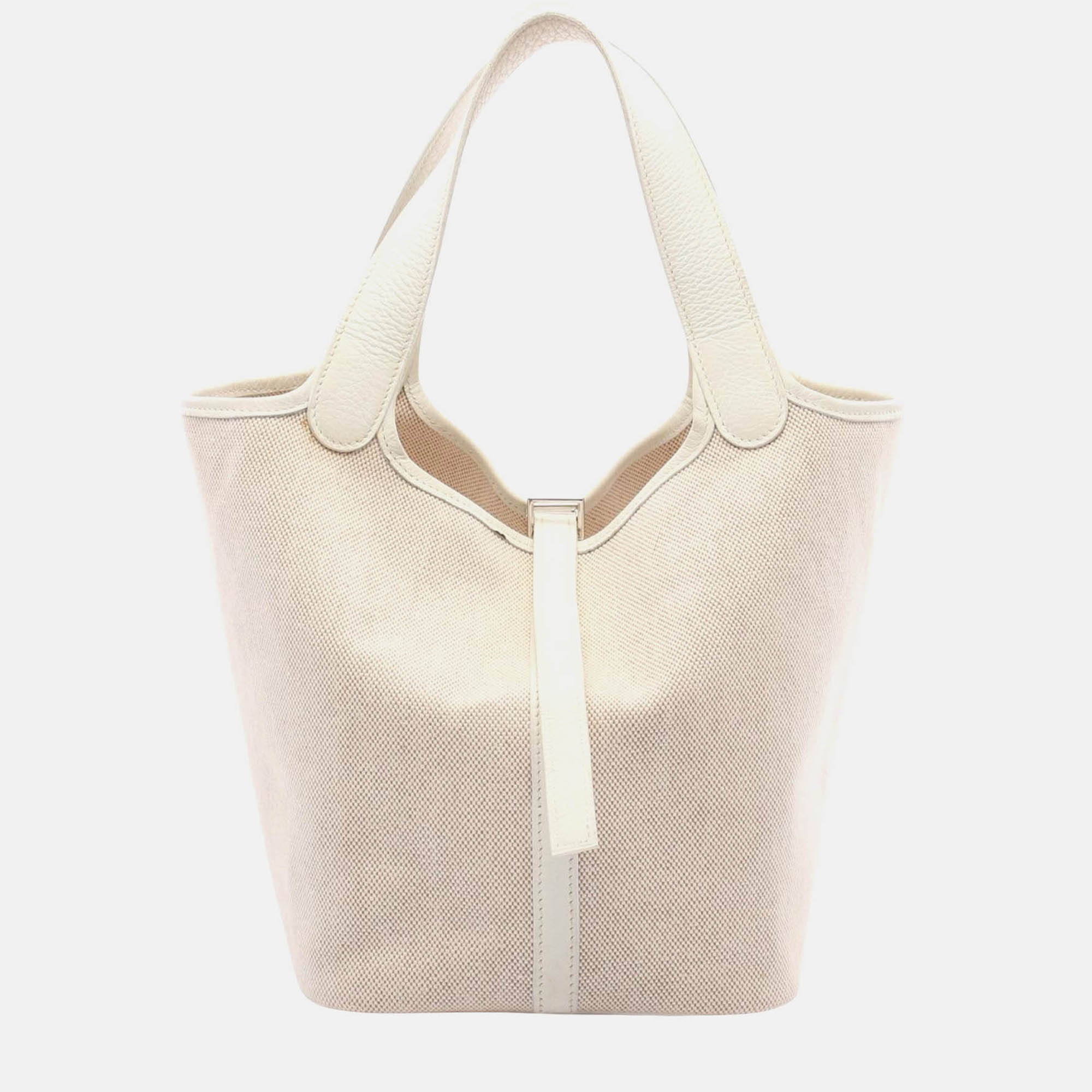 

Hermes Picotin White Ecru Clemence Leather Toile H Canvas Handbag PM