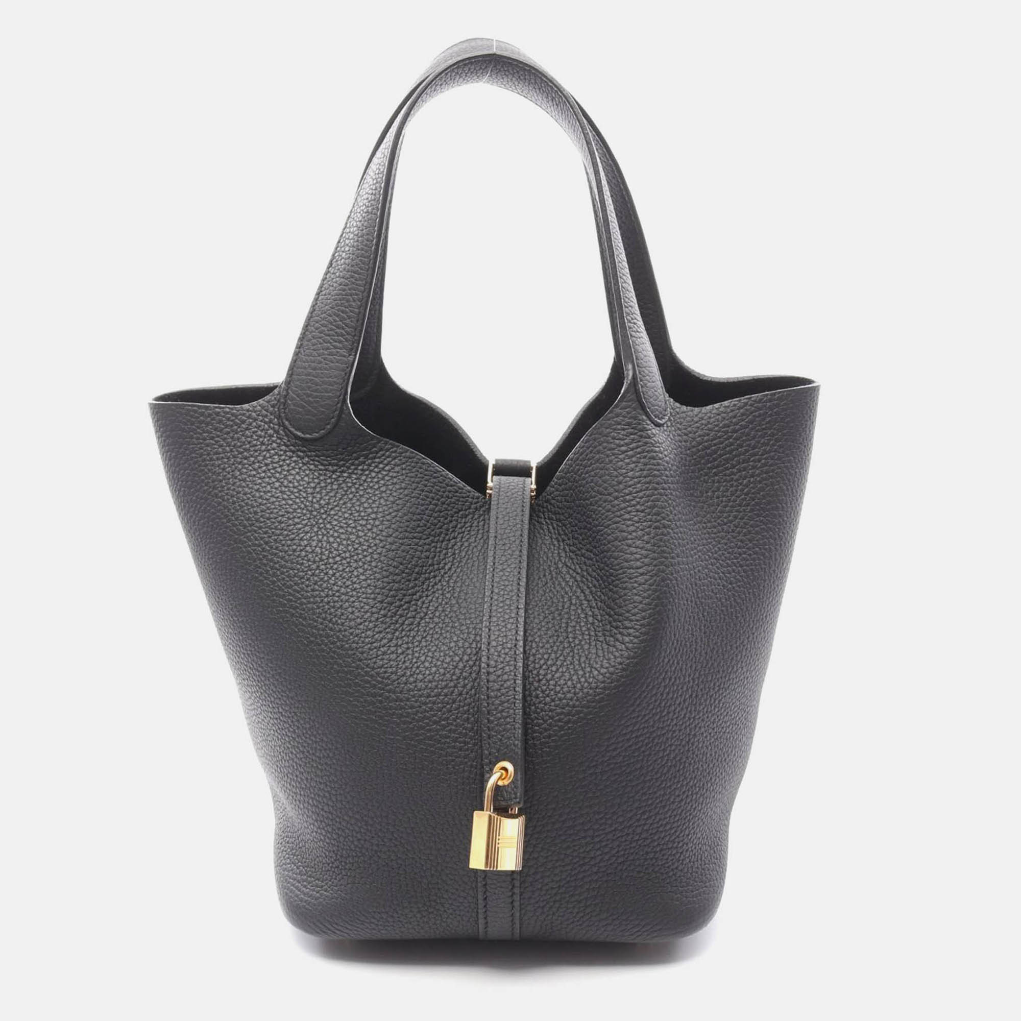 Pre-owned Hermes Picotin Lock Black Clemence Leather Tote Mm 060991cc
