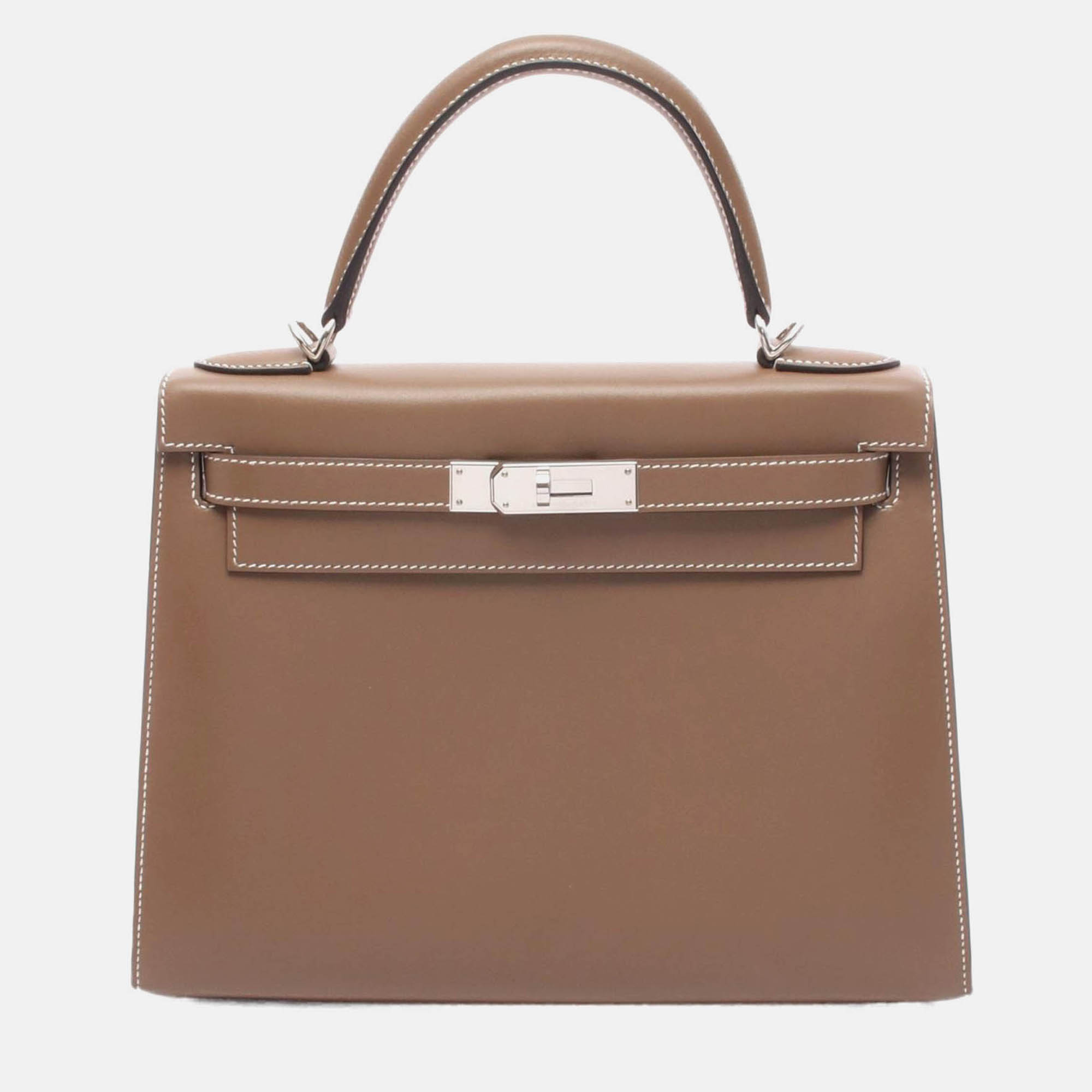 Pre-owned Hermes Kelly 28 Etoupe Grey Tadelakt Leather Handbag In Brown