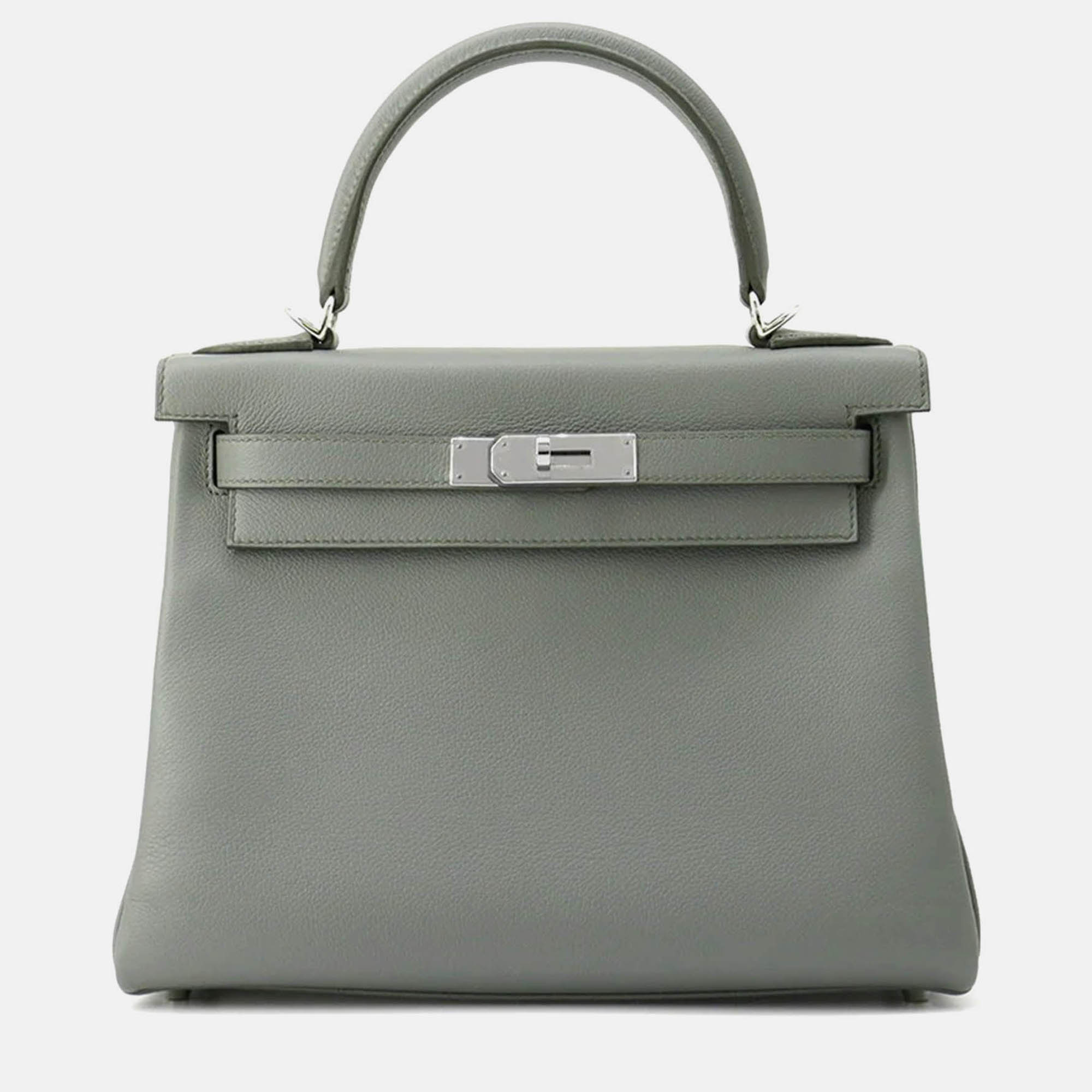 Pre-owned Hermes Kelly Retourne Vert Amand Evercolor Size 28 In Gray