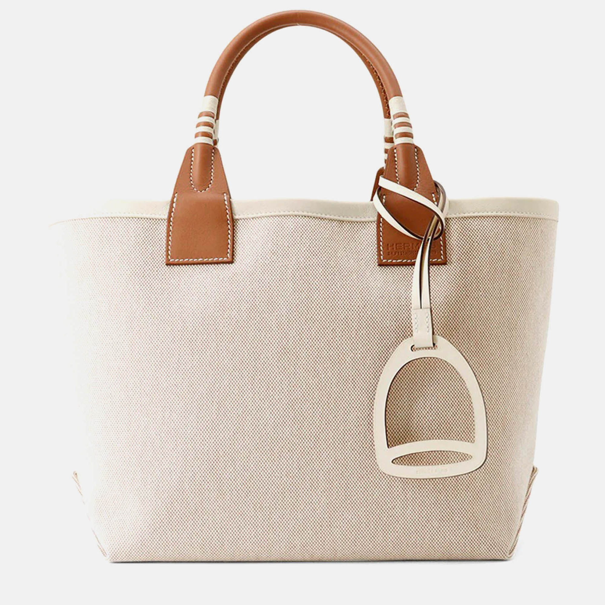 Pre-owned Hermes Steeple Ecru/gold/hat Toile H Swift Leather 25 Handbag In Sand