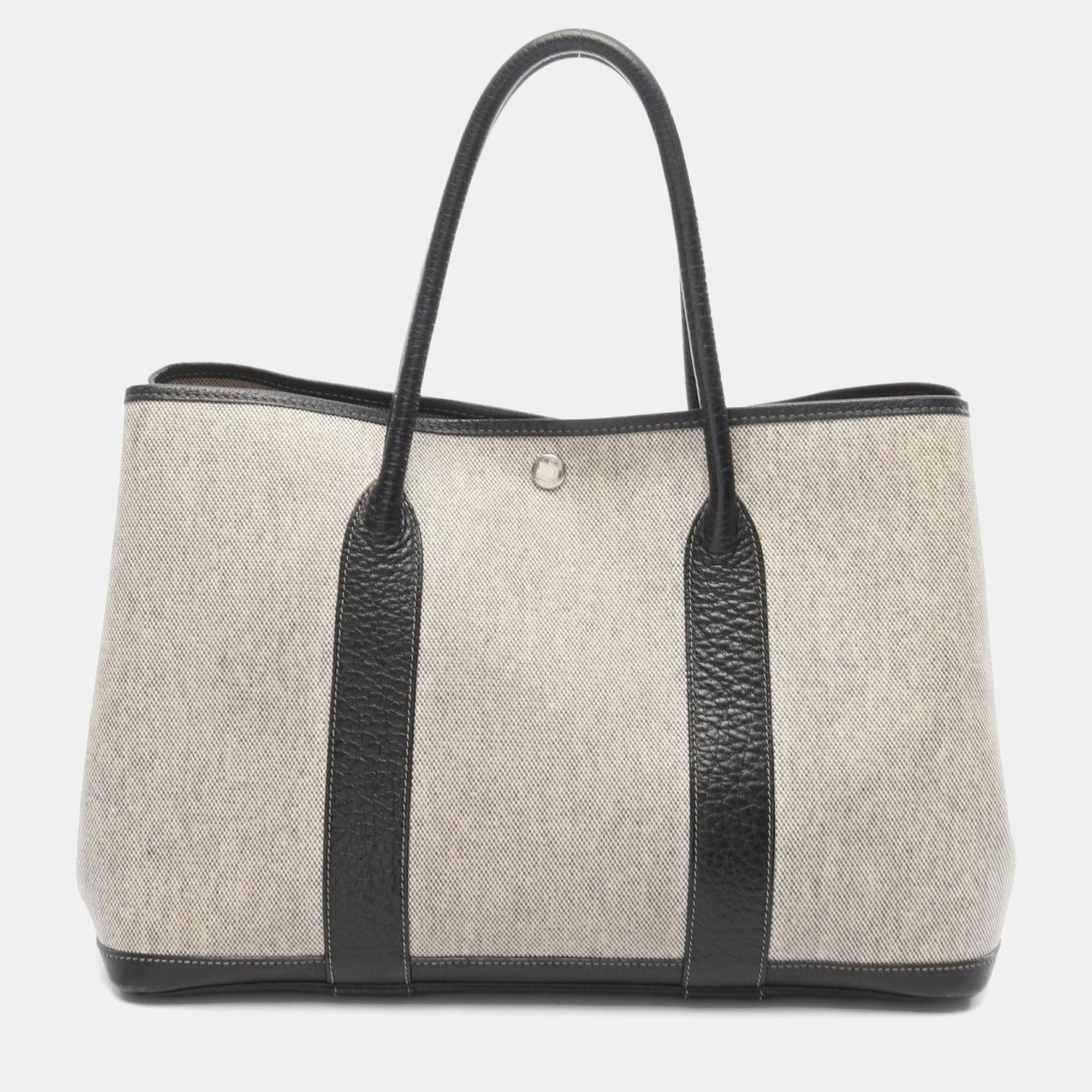 

Hermes Garden Party Gray Black Toile H Canvas Leather F Tote PM