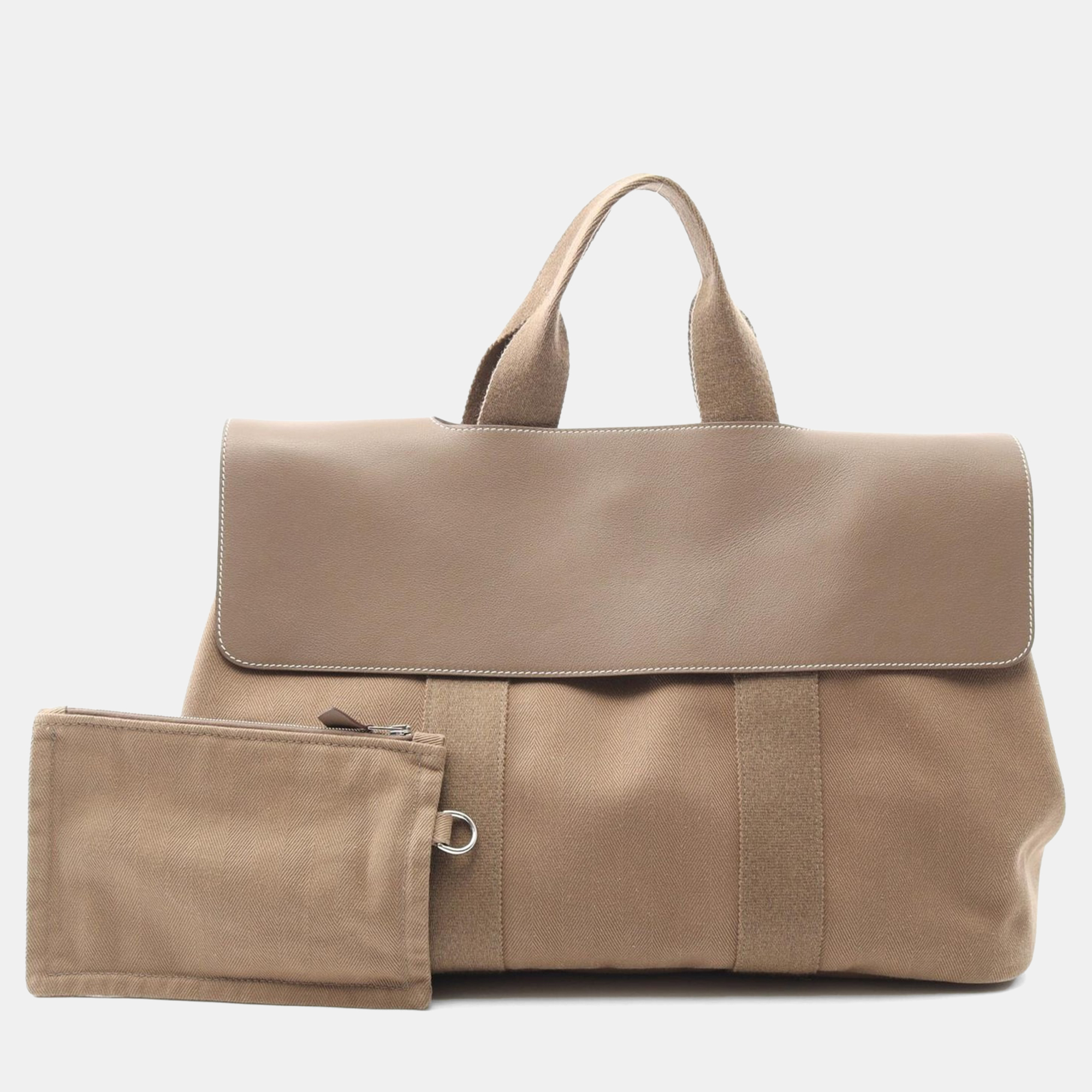 

Hermes Valparaiso Etoupe Grey Toile Chevrons Canvas Leather Handbag MM