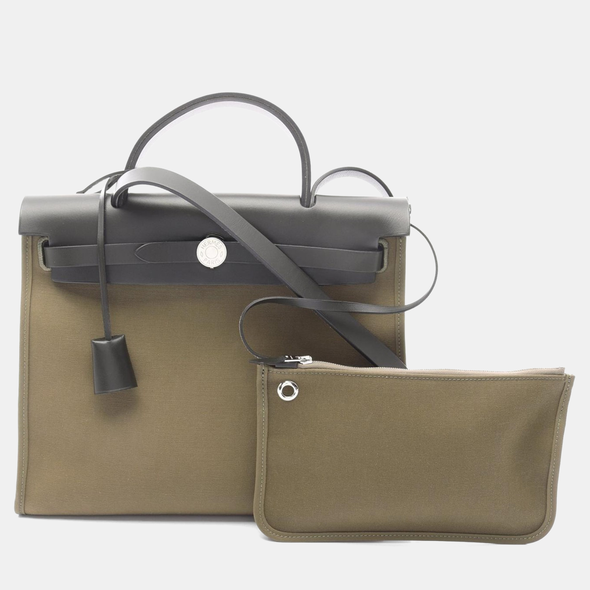 

Hermes Herbag Zip Khaki Black Hunter Toile Officier Y Handbag PM