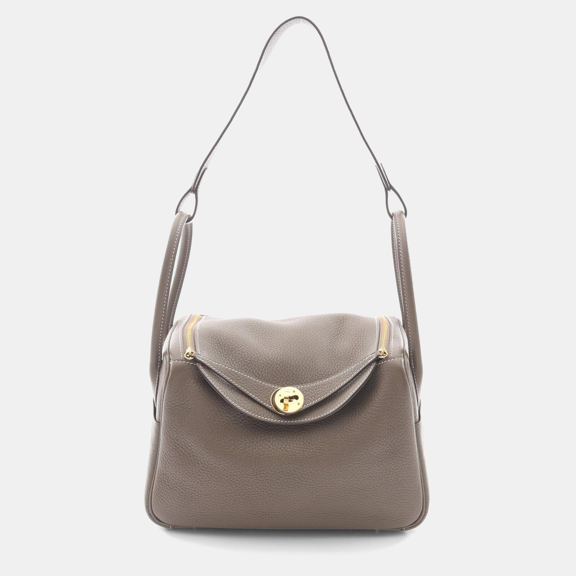 Pre-owned Hermes Lindy 26 Shoulder Bag Clemence Leather Brown Etoupe Grey In Gray