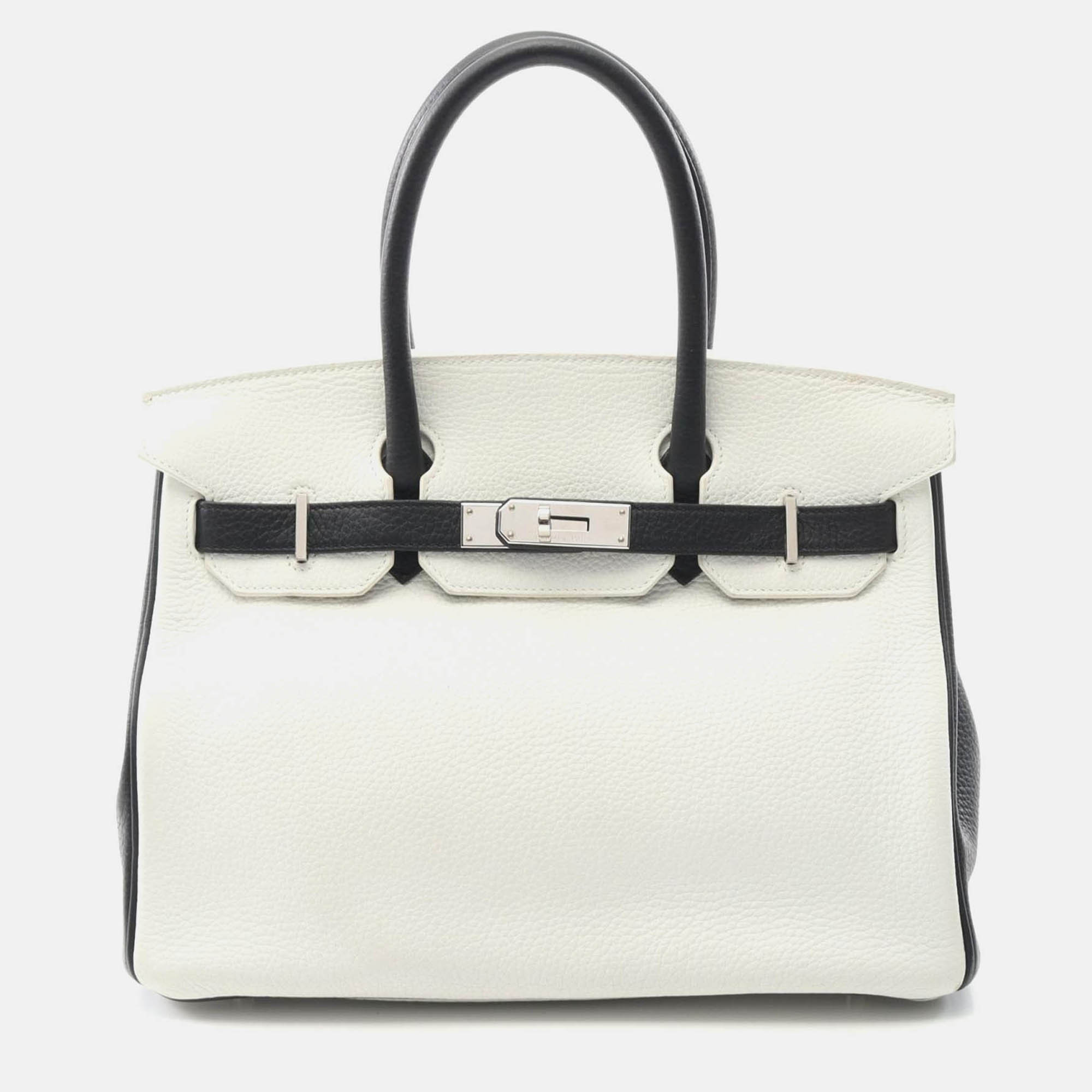 

Hermes Birkin 30 Handbag Clemence Leather Black White