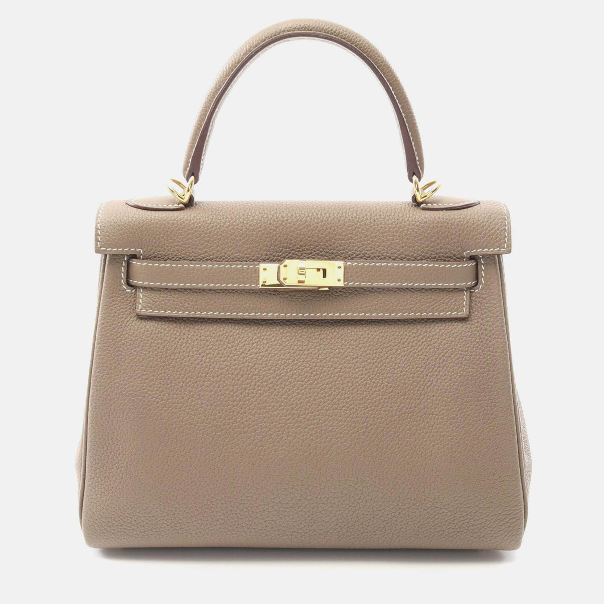 Pre-owned Hermes Kelly 25 Handbag Shoulder Togo Leather Brown Etoupe Grey