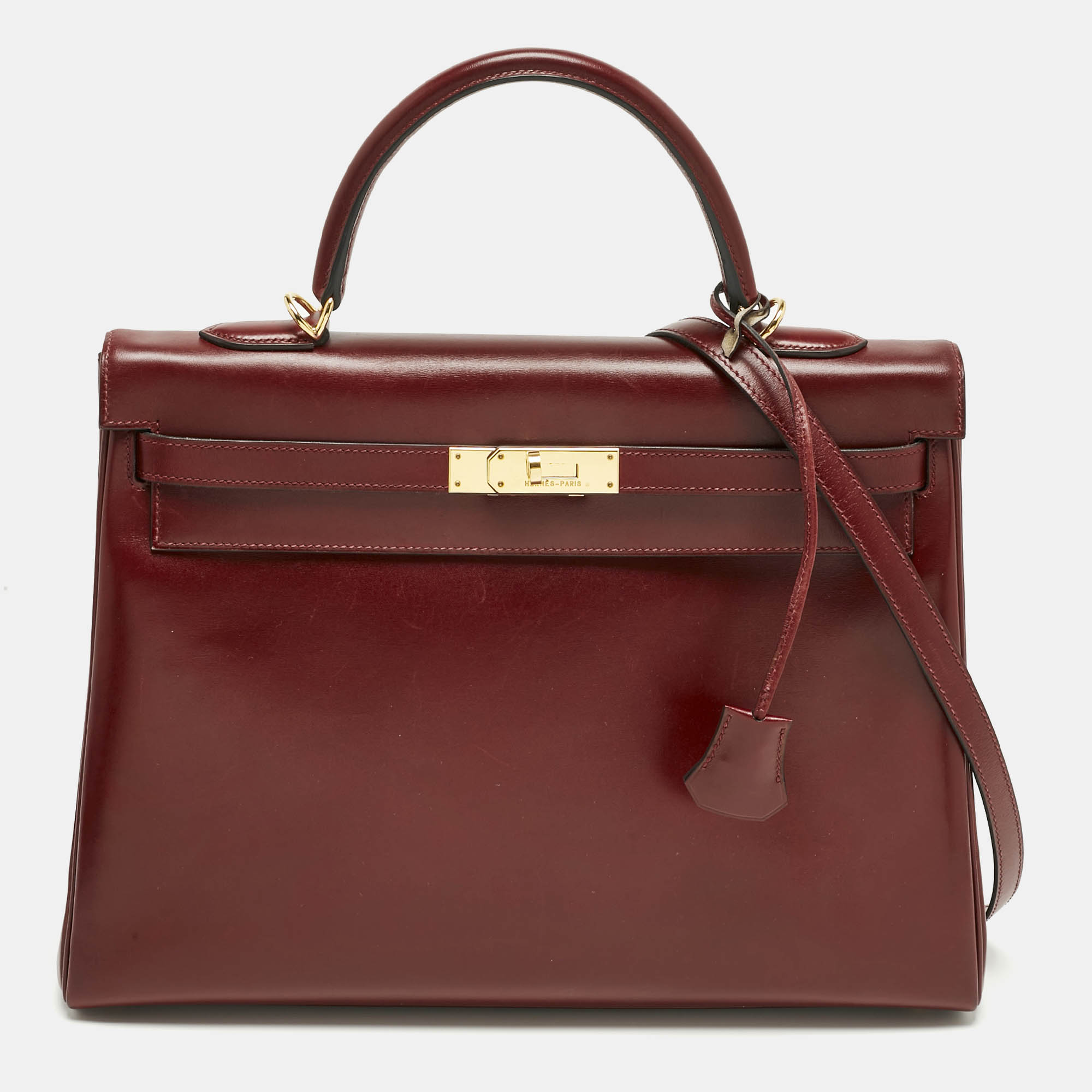 

Hermes Rouge H Box Leather Gold Finish Kelly Retourne 35 Bag, Red