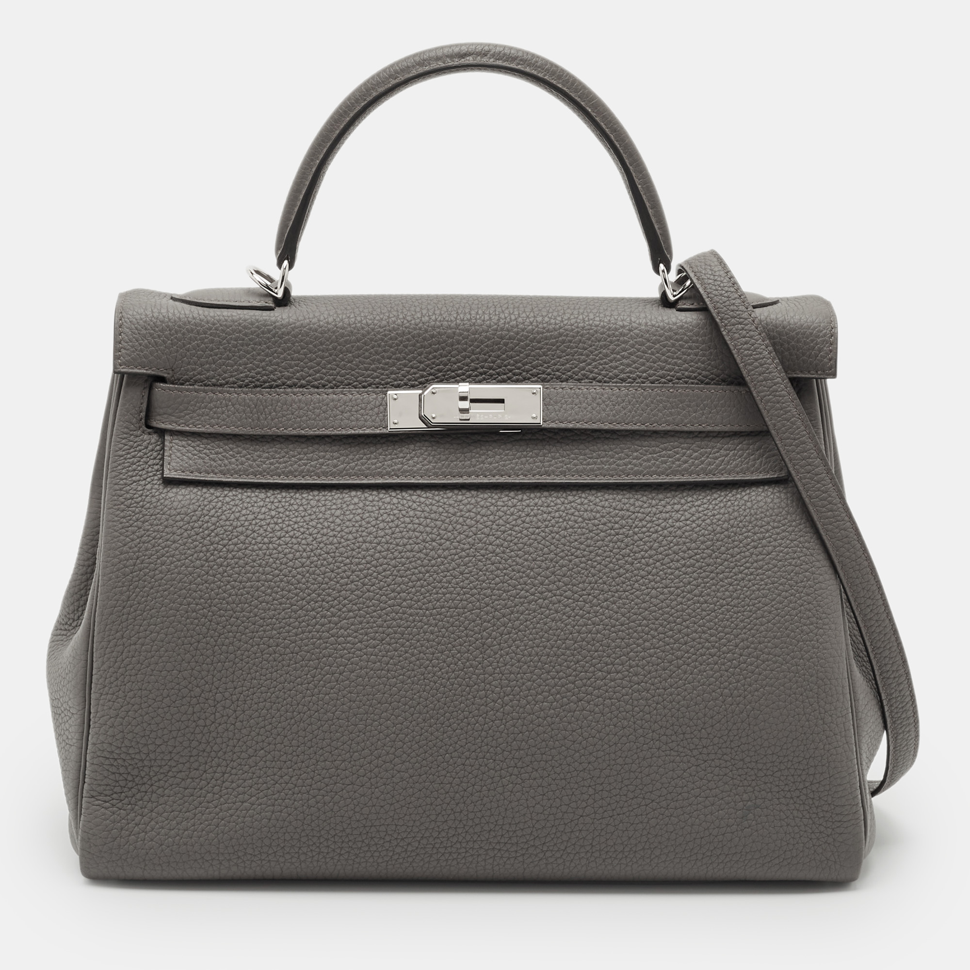 Pre-owned Hermes Etain Togo Leather Palladium Finish Kelly Retourne 32 Bag In Gray