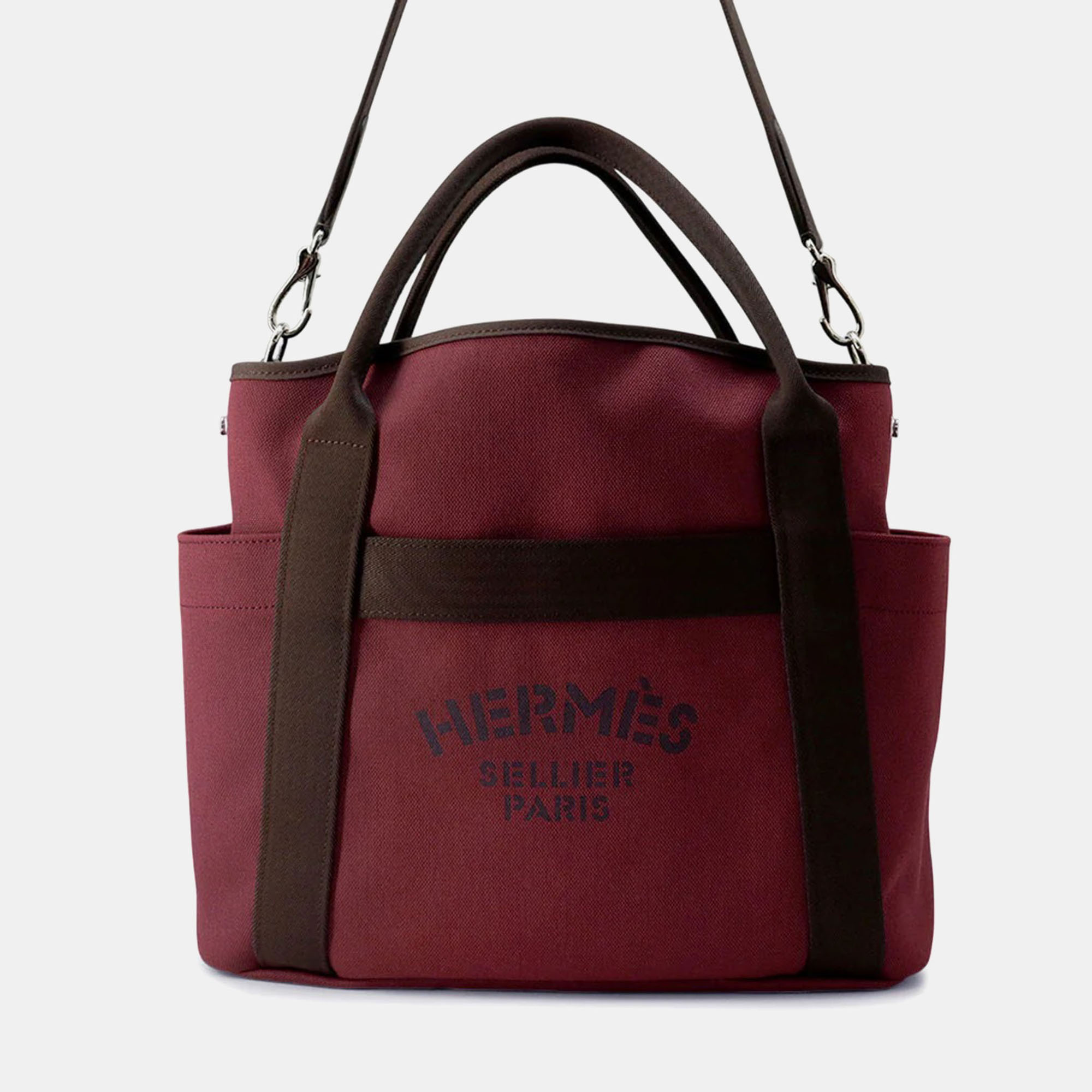 

Hermes Sucked Pansage Groom Rouge H/Chocolat Toile Chevrons Canvas Bag, Burgundy