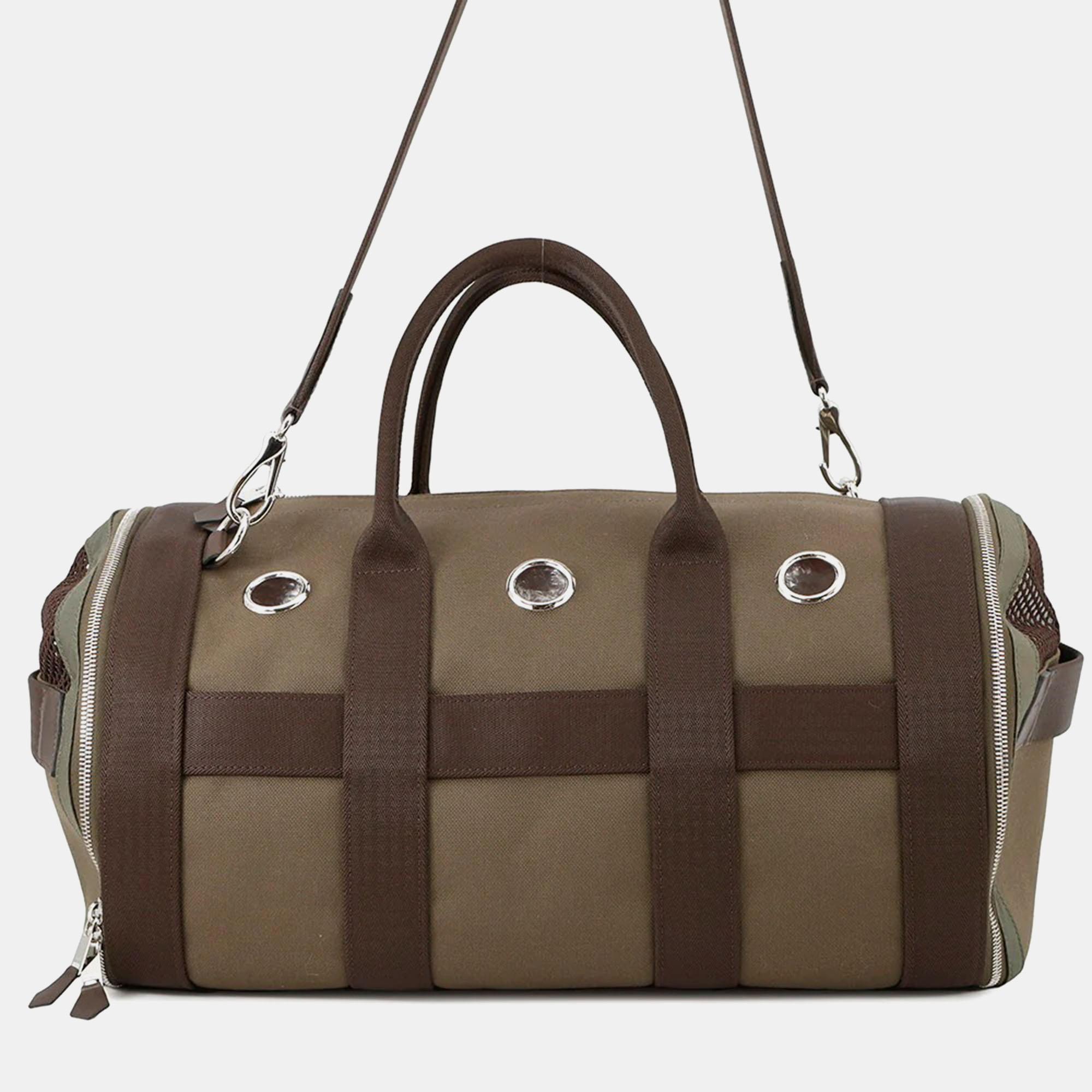 Pre-owned Hermes Dog Khaki/feu Toile Military Canvas Carry Bag In Brown