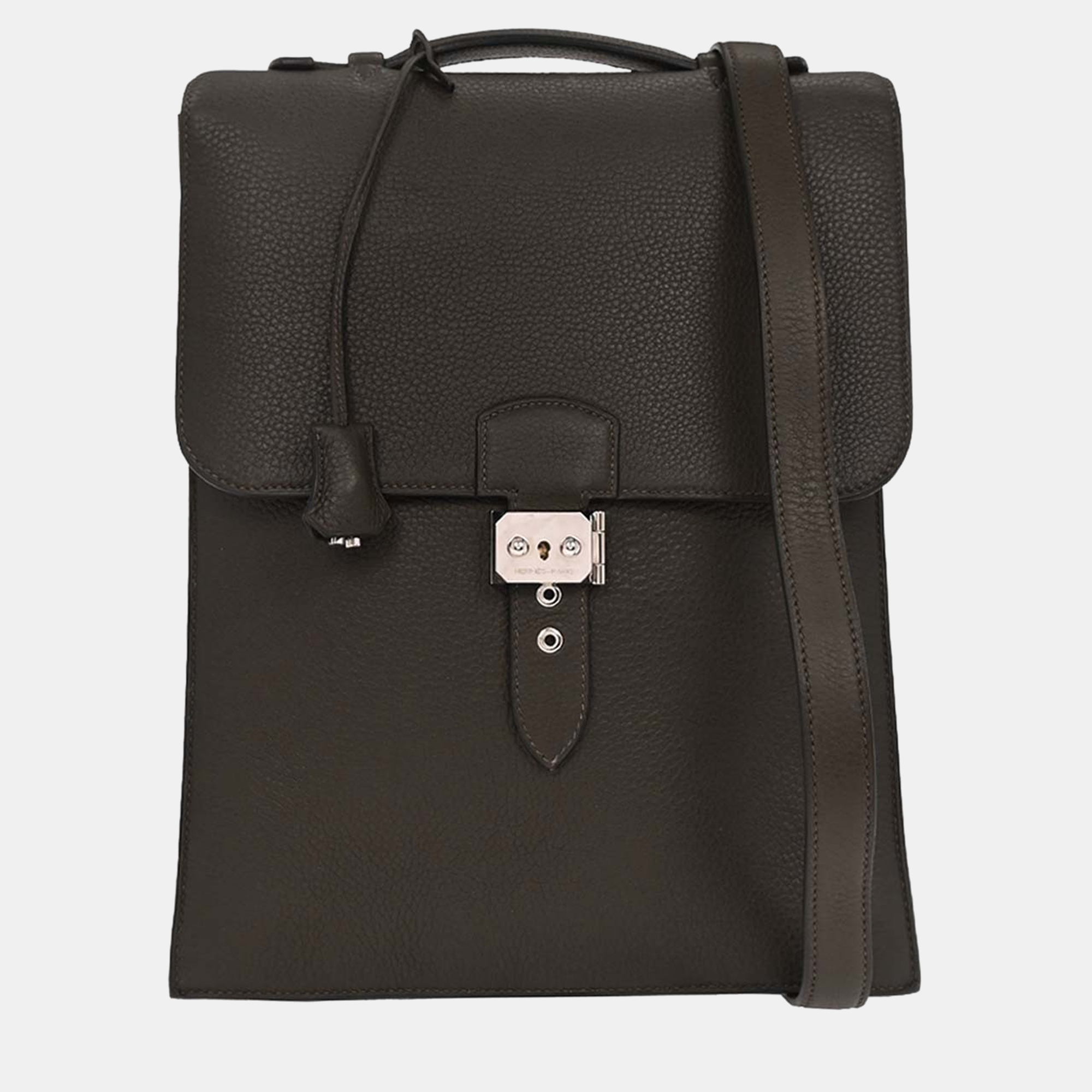 Pre-owned Hermes Sac A Depeches Vert Gris Taurillon Clemence Handbag In Black