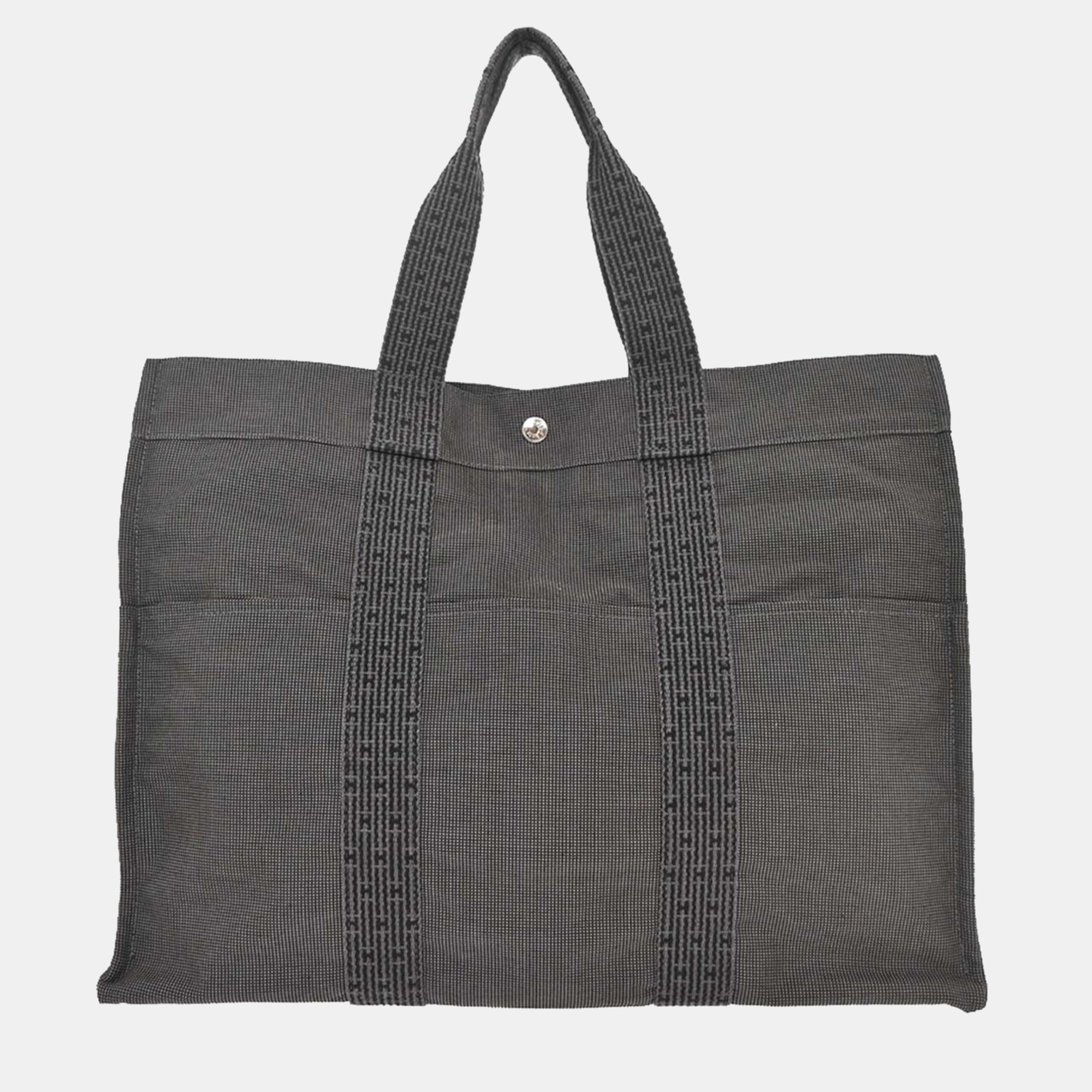 Pre-owned Hermes Gray Canvas Herline Tote Gm Handbag In Black