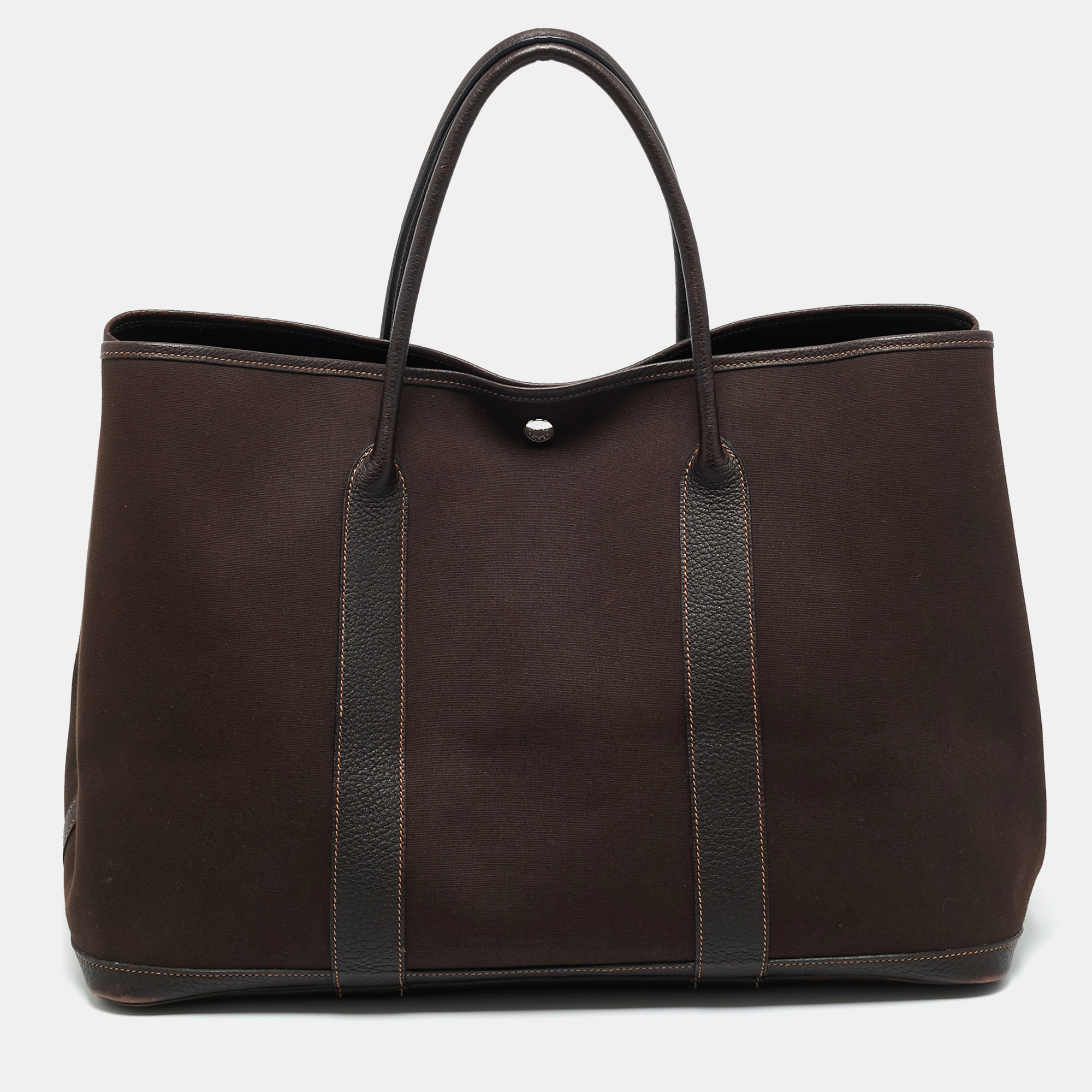 Pre-owned Hermes Chocolat Toile And Negonda Leather Garden Party Gm Bag In Brown