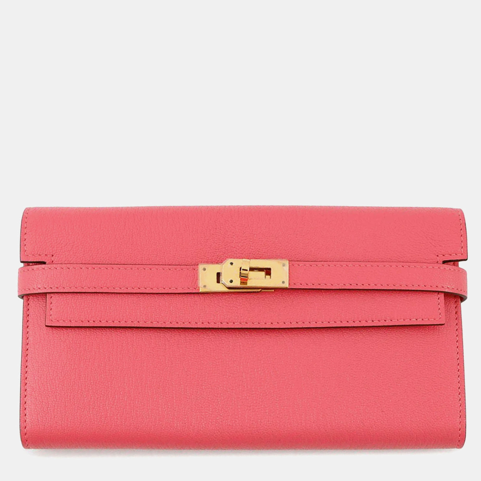 Pre-owned Hermes Kelly Wallet Long Rose Lipstick Chevre Myzore Goatskin In Pink