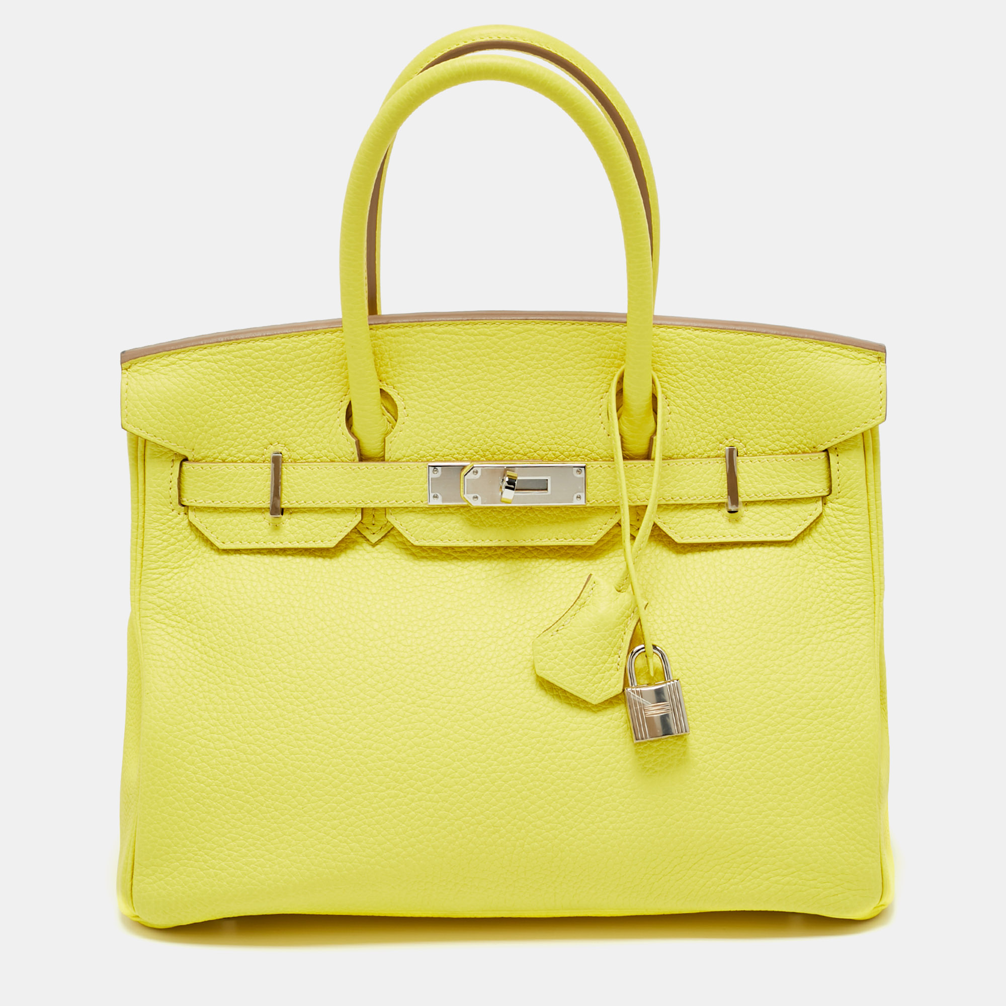 Pre-owned Hermes Lime Togo Leather Palladium Finish Birkin 30 Bag In Yellow