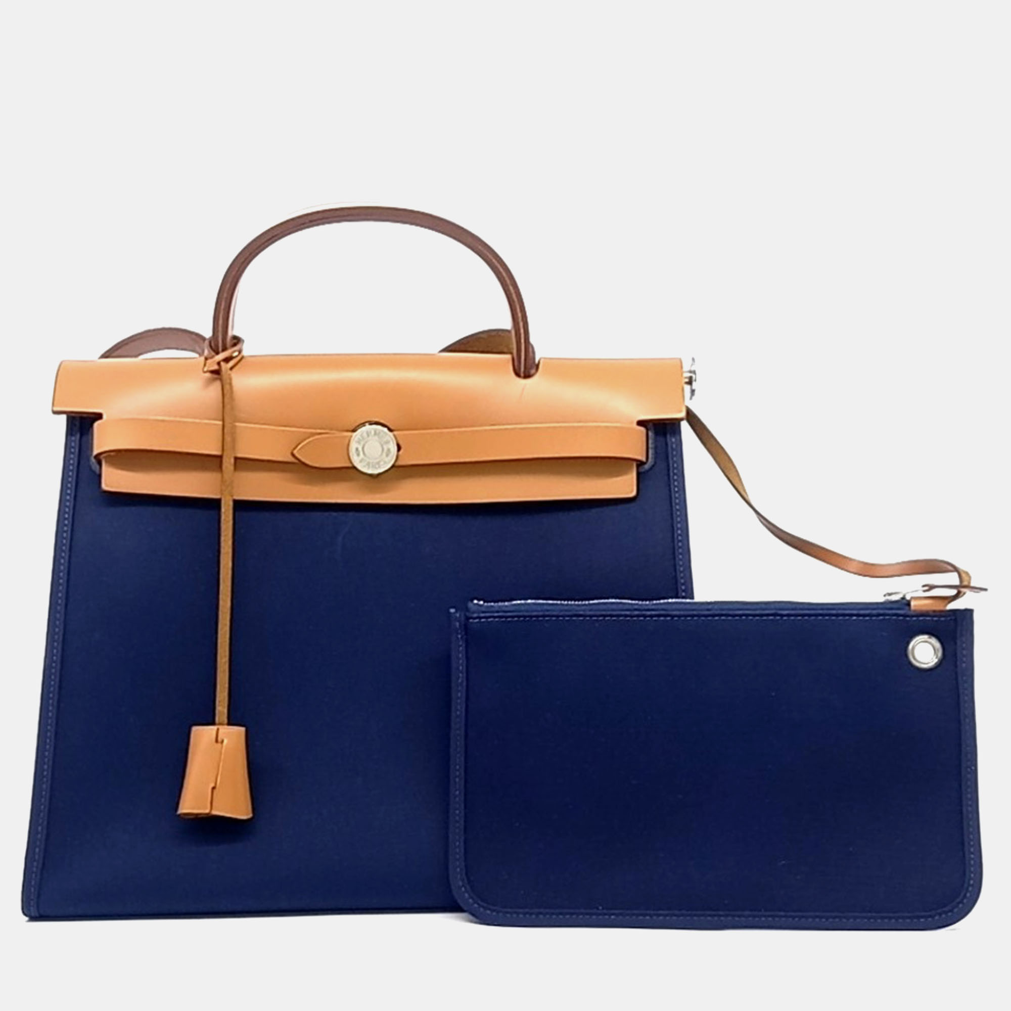 

Hermes New Zip Herbag Small Blue Brown Fabric and Leather Bag
