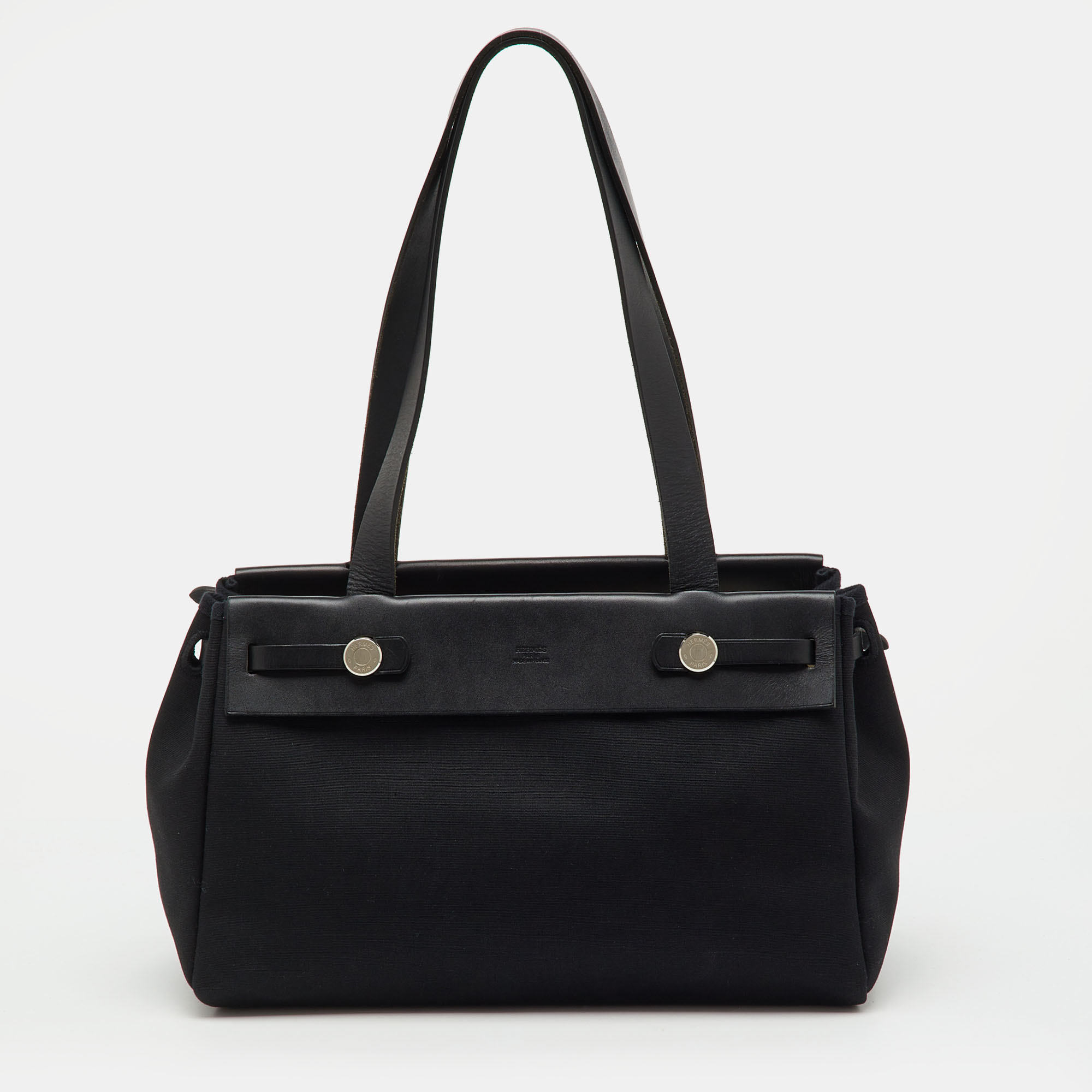 Pre-owned Hermes Black Toile Canvas And Vache Hunter Herbag Cabas Pm Bag