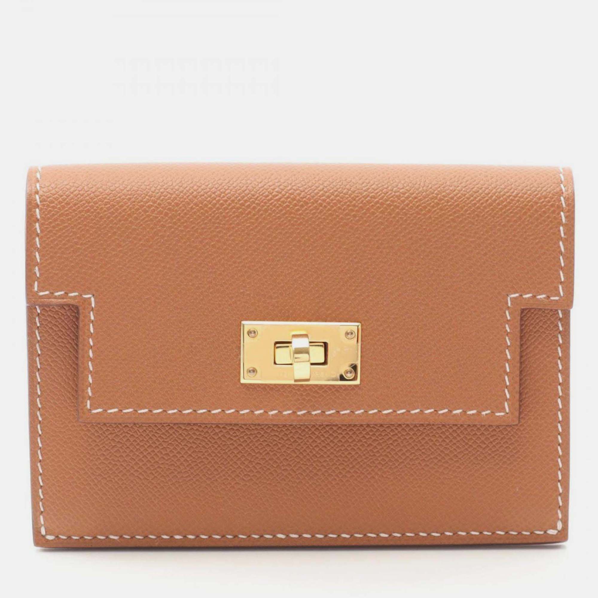 Pre-owned Hermes Kelly Pocket Slim Gold Coin Case Brown Veau Madame Wallet