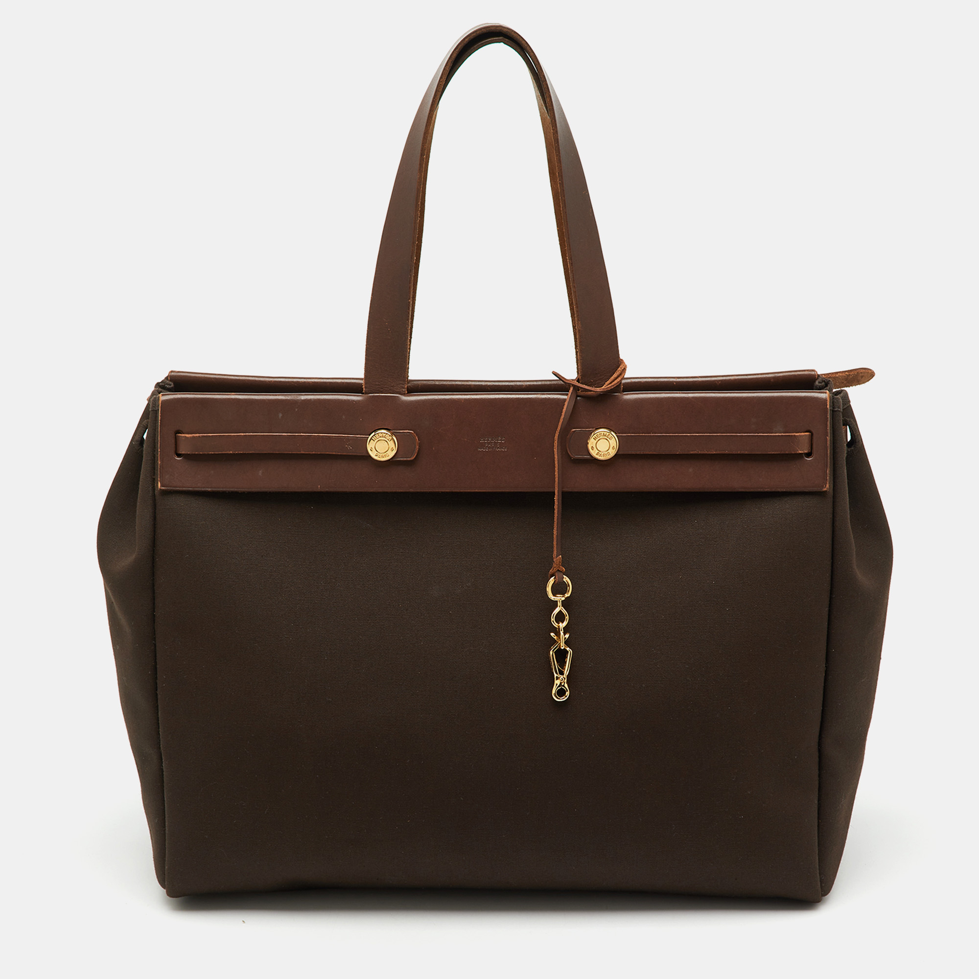 

Hermes Chocolate/Terre Toile Canvas and Vache Hunter Herbag Cabas MM Bag, Brown