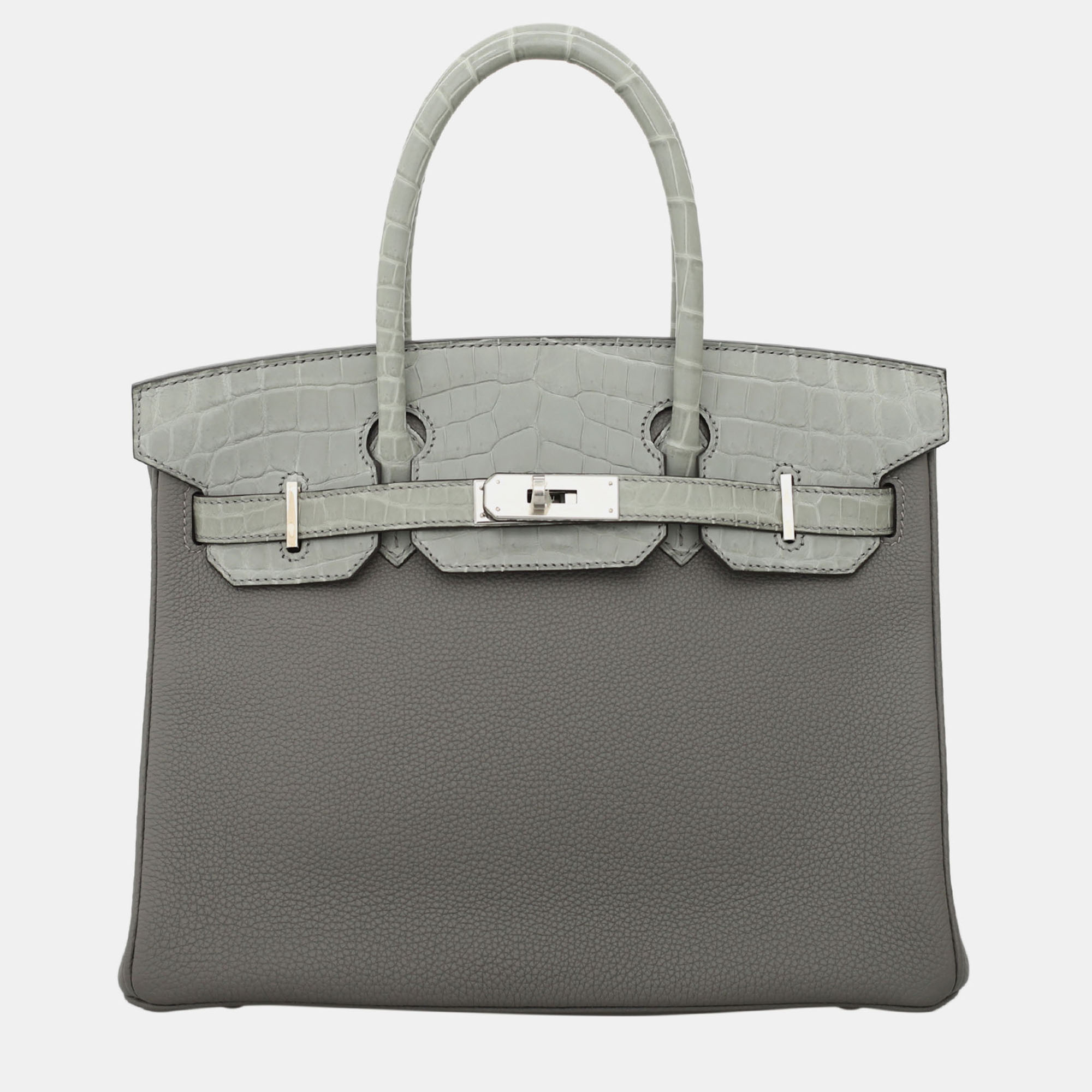 

Birkin 30 Touch Gris Meyer Togo and Gris Ciment Matte Niloticus Crocodile in PHW, Grey