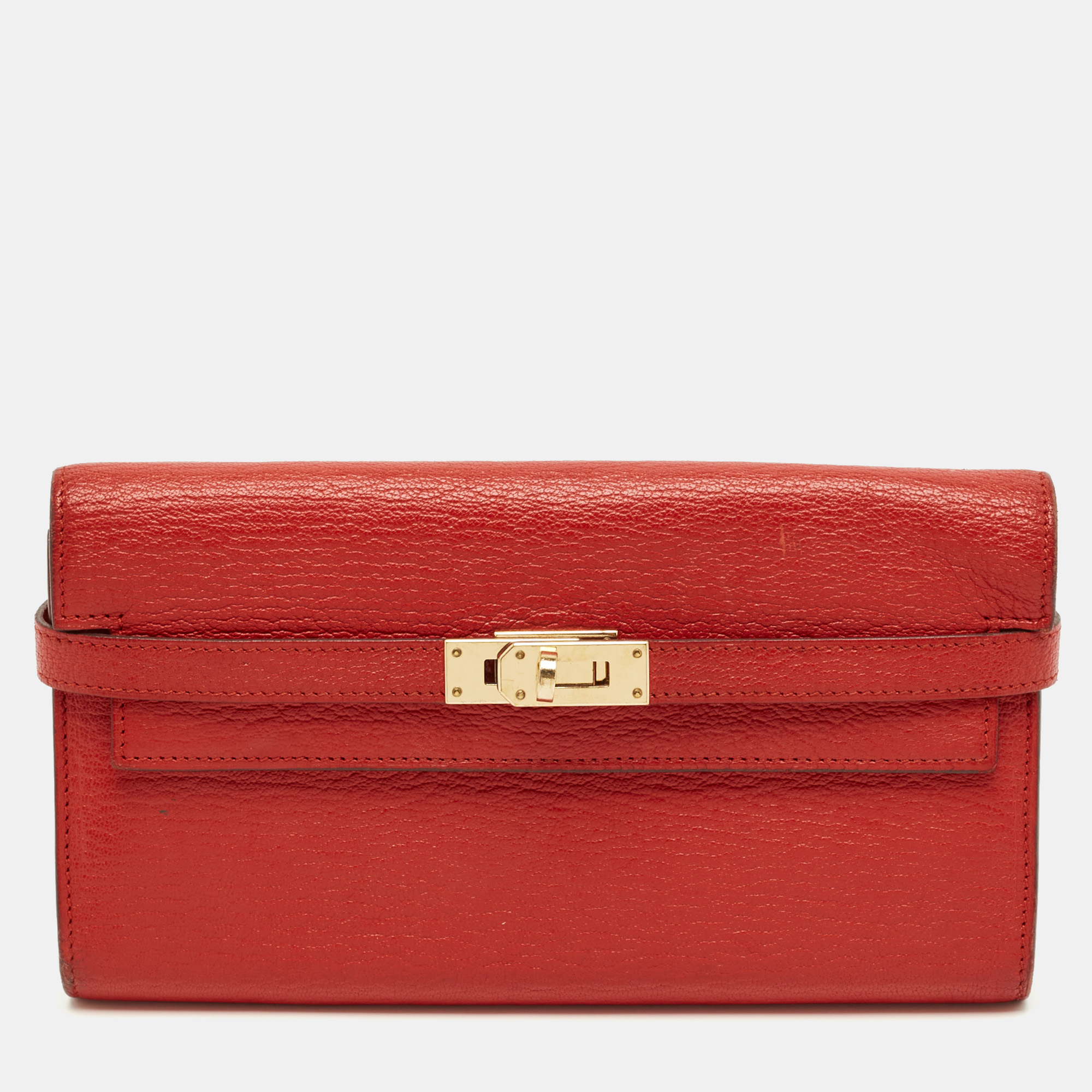 Pre-owned Hermes Rouge Casaque Chevre Mysore Leather Kelly Longue Wallet In Red