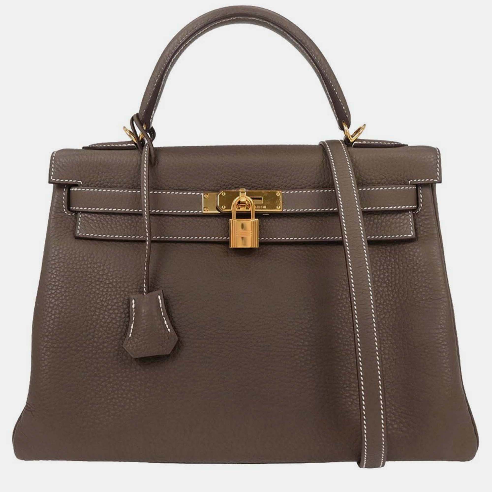 

Hermes Etoupe Taurillon Clemence Kelly 32 Retourne 2way Handbag, Brown
