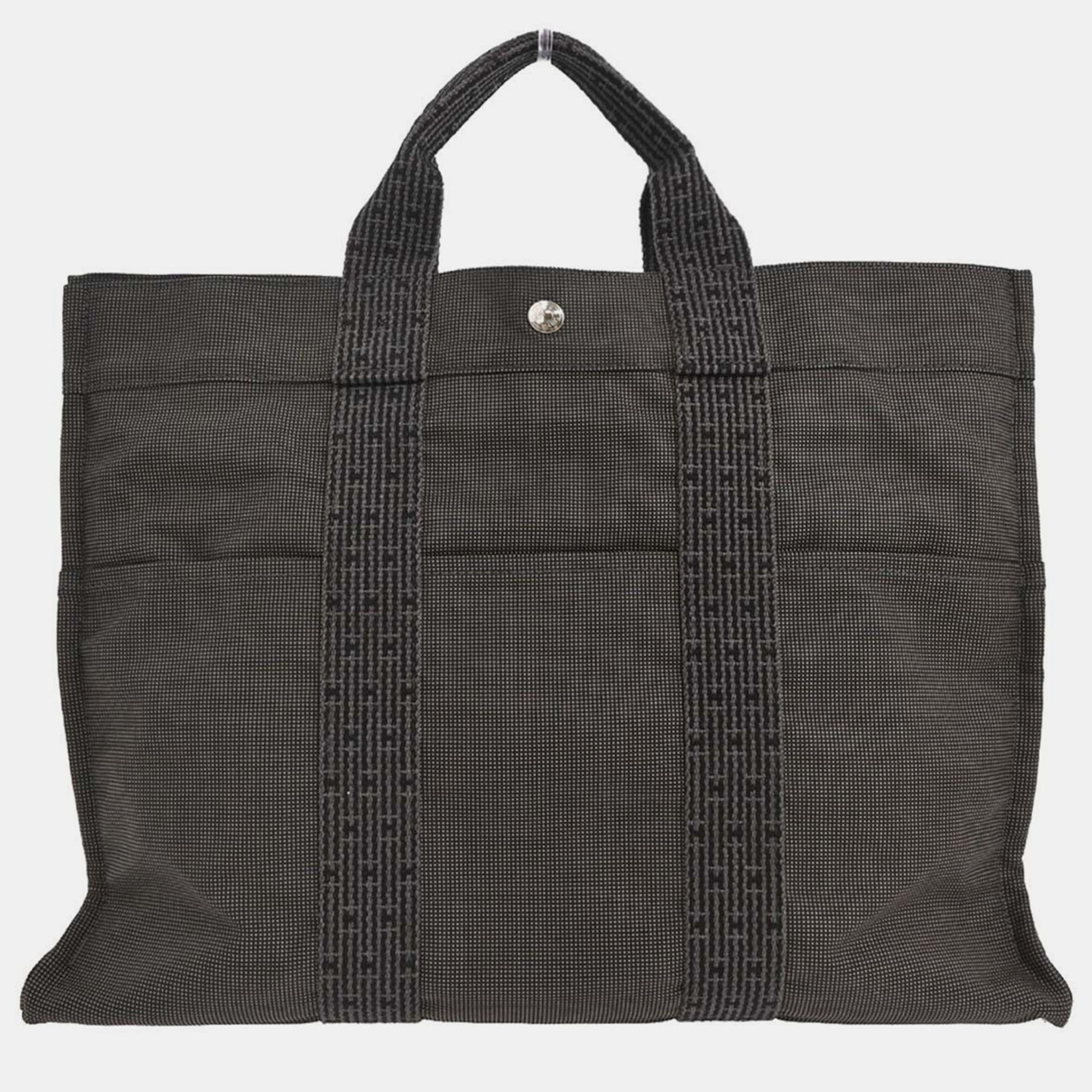 Pre-owned Hermes Herline Gray Canvas Tote In Black