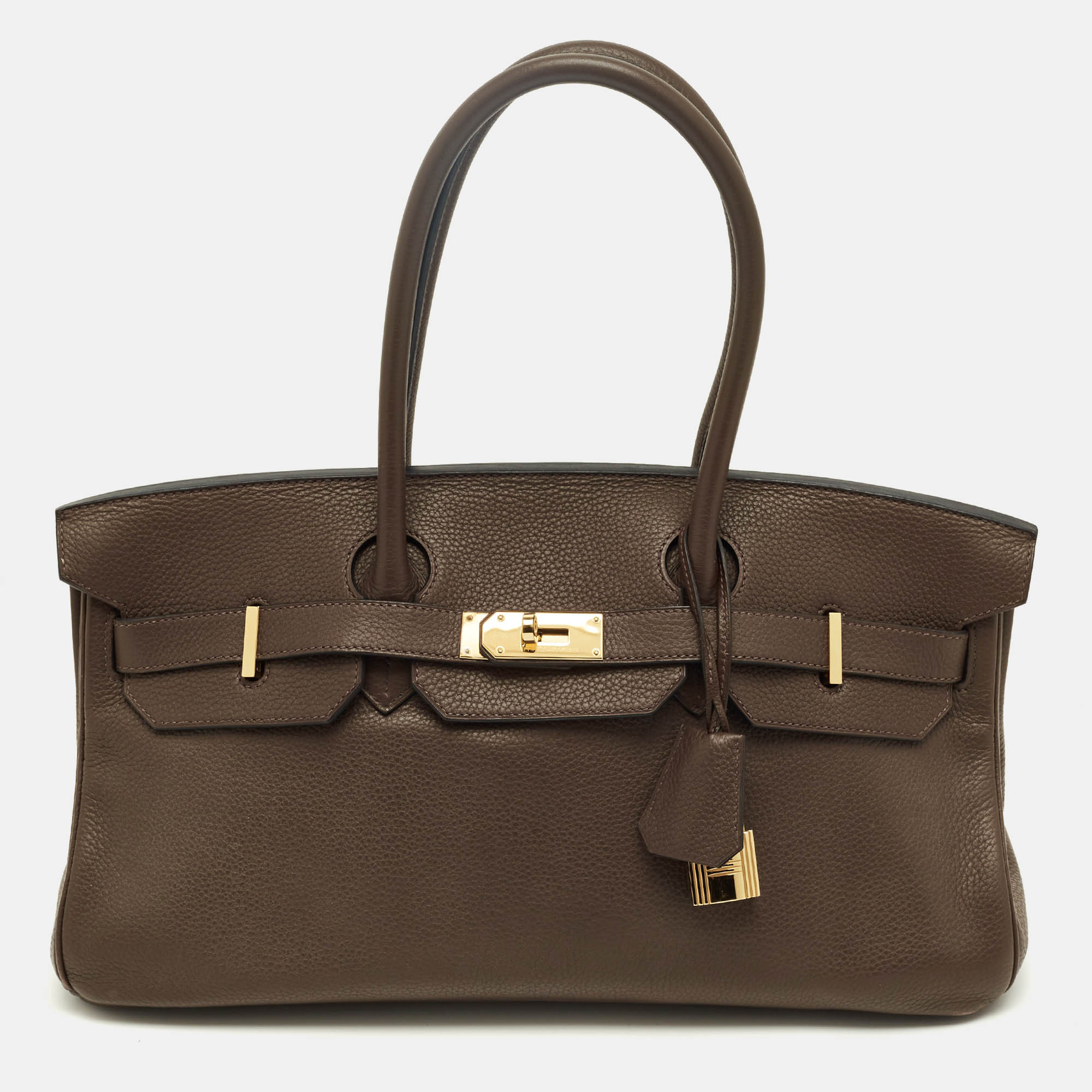 

Hermès Chocolat Taurillon Clemence Leather Gold Finish Shoulder Birkin JPG 42 Bag, Brown