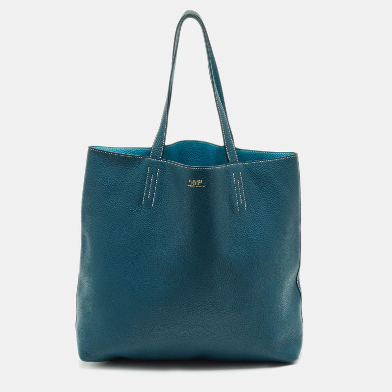 

Hermes Colvert/Bleu Atoll Taurillon Clemence Leather Double Sens Reversible Tote, Green