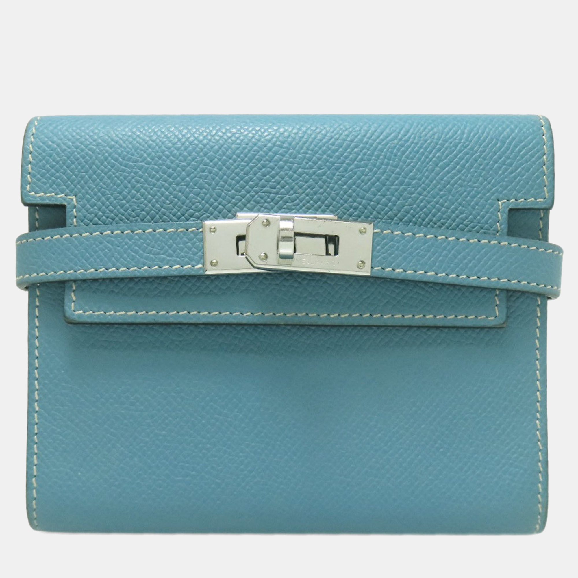 Pre-owned Hermes Kelly Compact Wallet In Blue Jean Bifold By Epson
