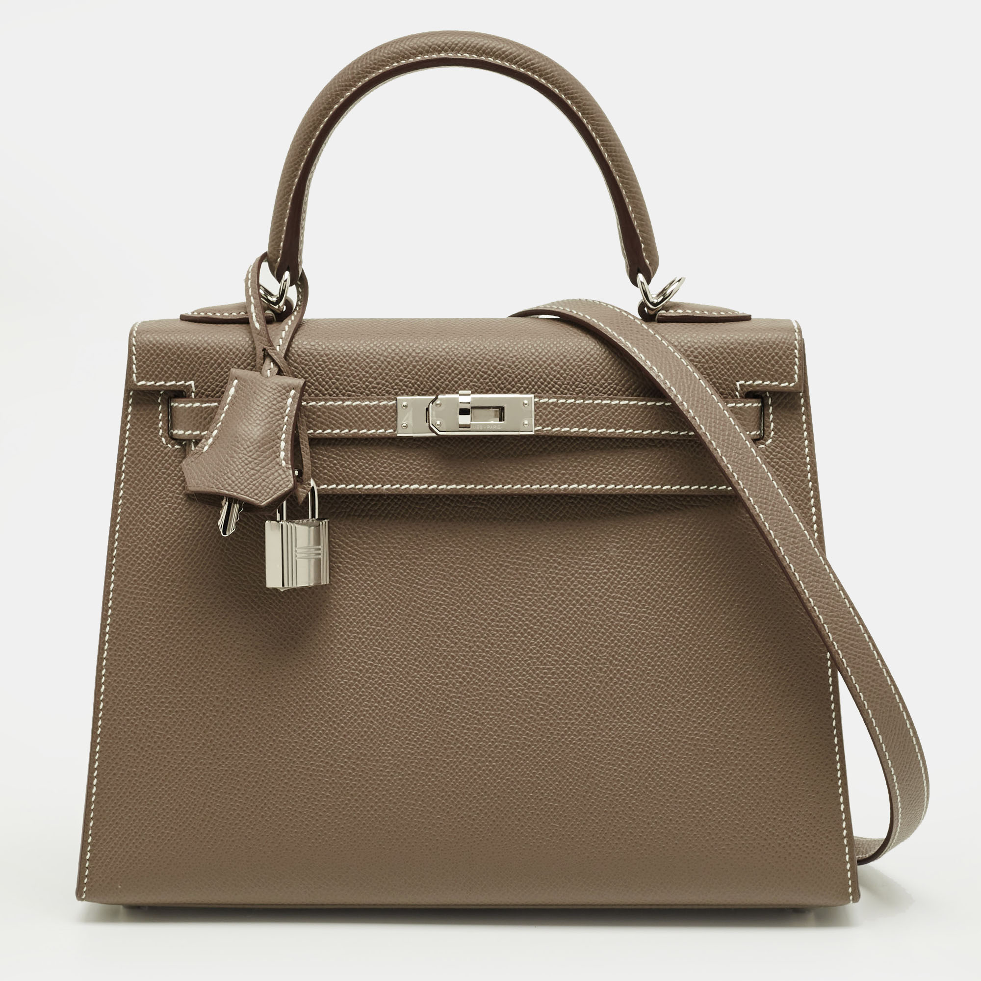 

Hermes Etoupe Epsom Leather Palladium Finish Kelly Sellier 25 Bag, Grey