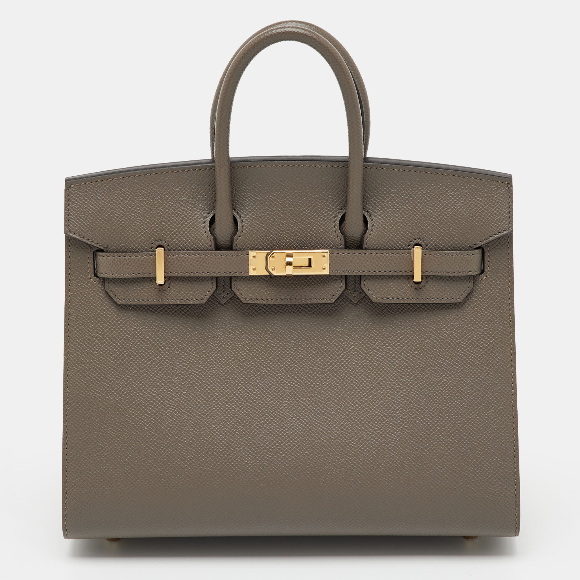 

Hermes Gris Etain Epsom Leather Gold Finish Birkin Sellier 25 Bag, Grey