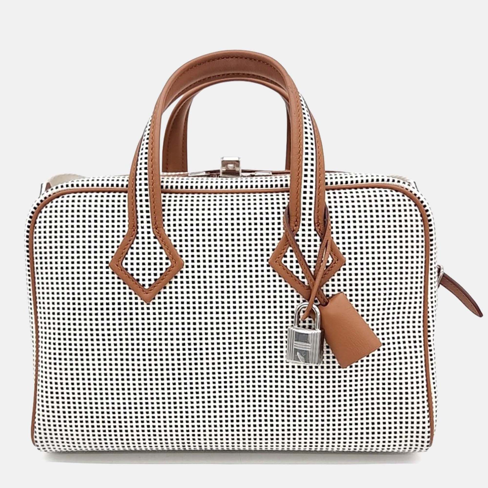 Pre-owned Hermes Brown White Canvas And Leather Victoria 3 Mini