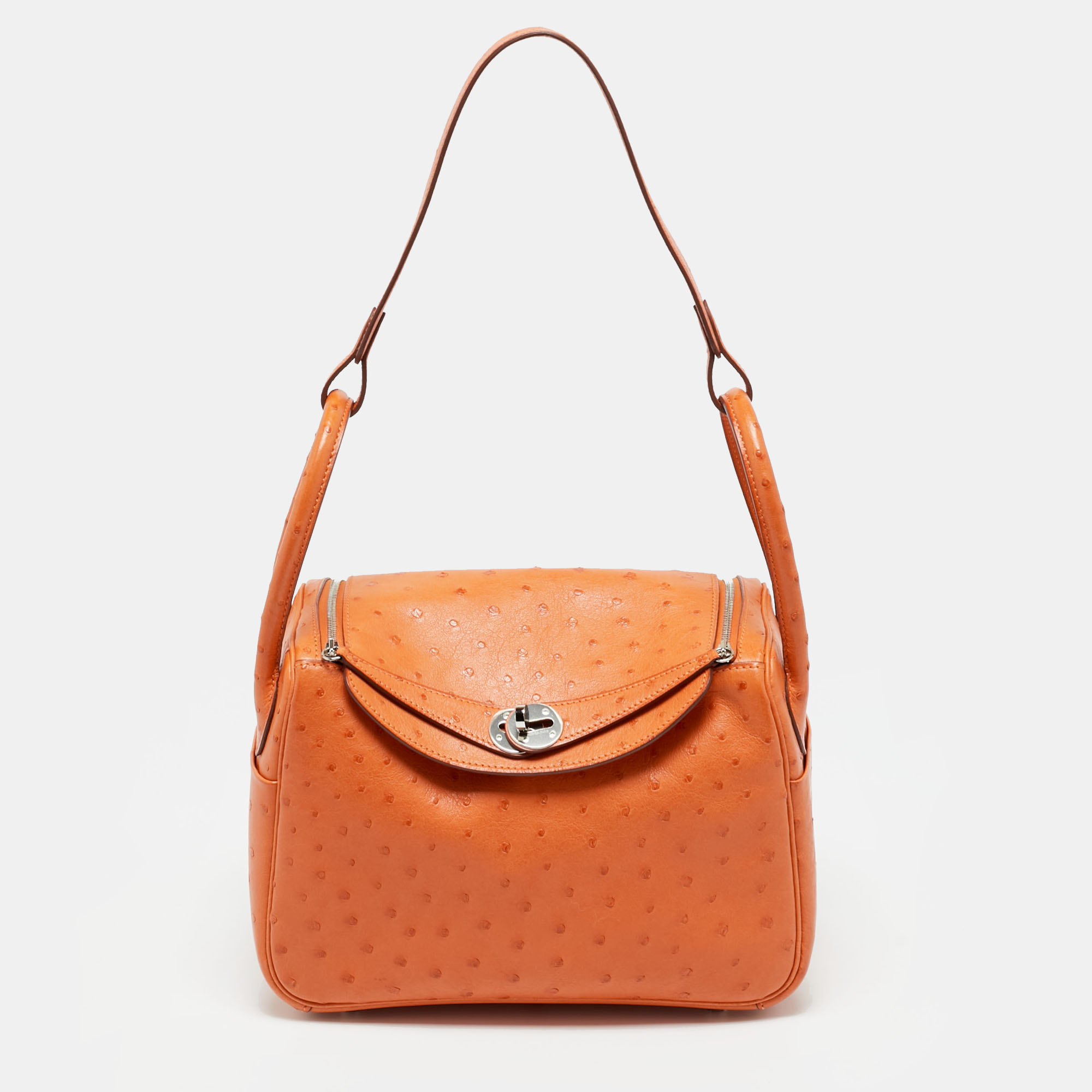 

Hermes Lindy 26 Palladium Finish Tangerine Ostrich Shoulder Bag, Orange